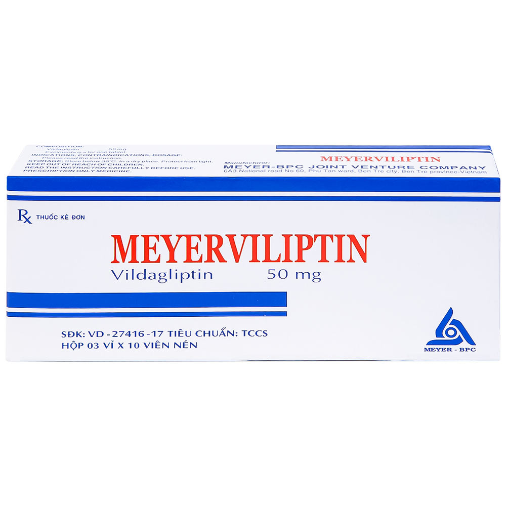 Viên nén Meyerviliptin 50mg Meyer-BPC hỗ trợ chế độ ăn kiêng, kiếm soát đường huyết (3 vỉ x 10 viên)