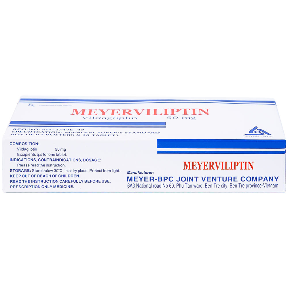 Viên nén Meyerviliptin 50mg Meyer-BPC hỗ trợ chế độ ăn kiêng, kiếm soát đường huyết (3 vỉ x 10 viên)