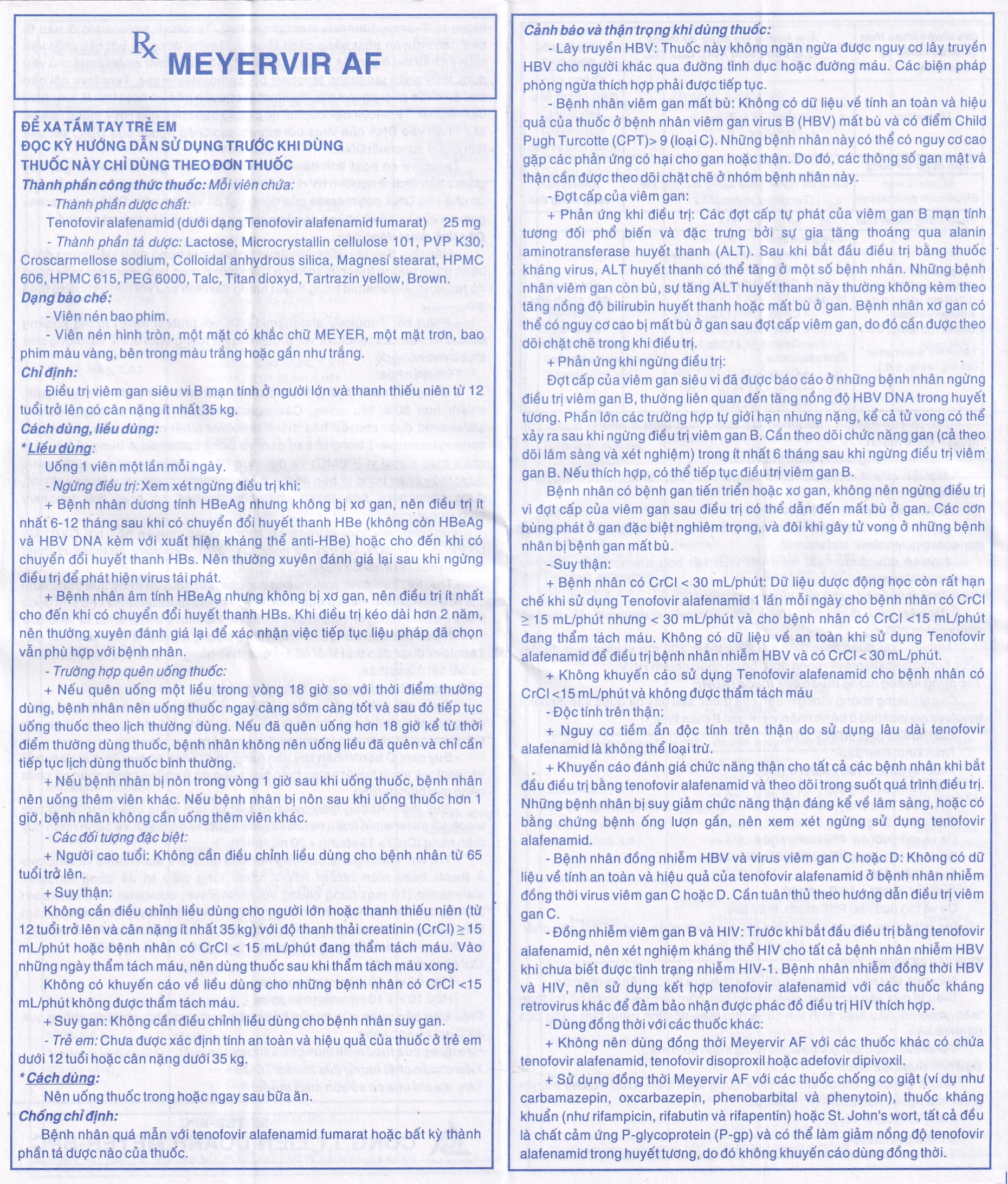 Thuốc Meyervir AF 25mg Meyer-BPC điều trị viêm gan siêu vi B mạn tính (3 vỉ x 10 viên)