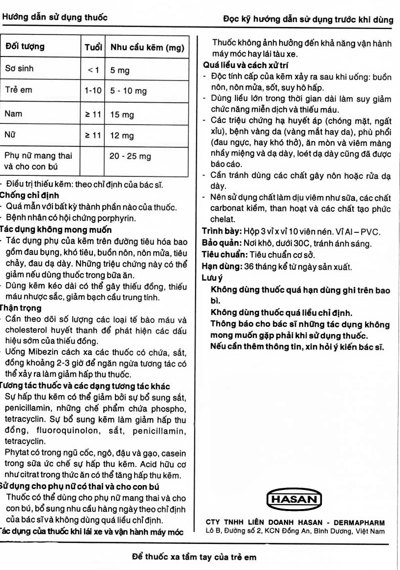 Viên nén Mibezin 15mg Hasan điều trị tiêu chảy, bổ sung kẽm (3 vỉ x 10 viên)
