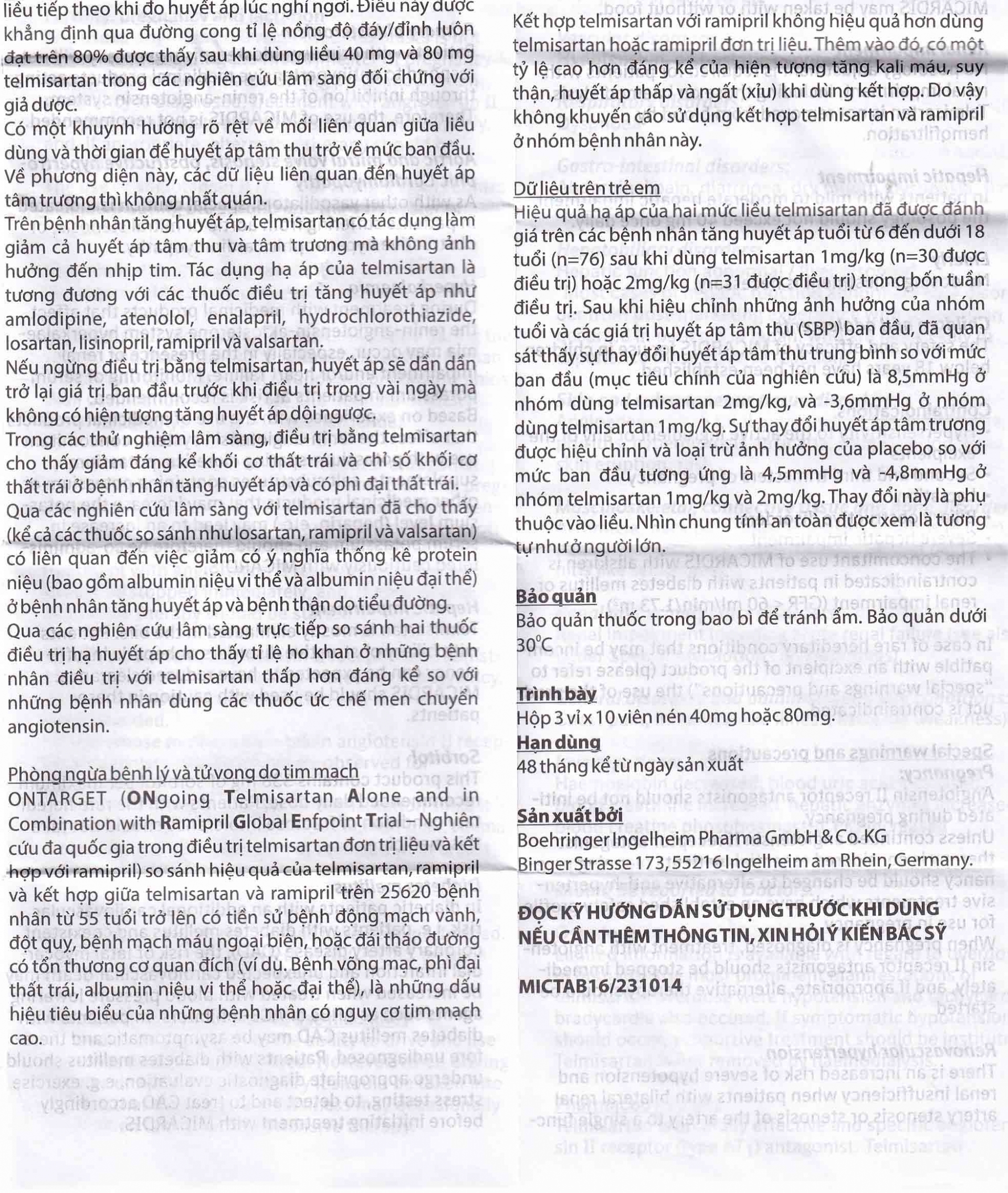 Viên nén Micardis 80mg Boehringer điều trị tăng huyết áp vô căn (3 vỉ x 10 viên)