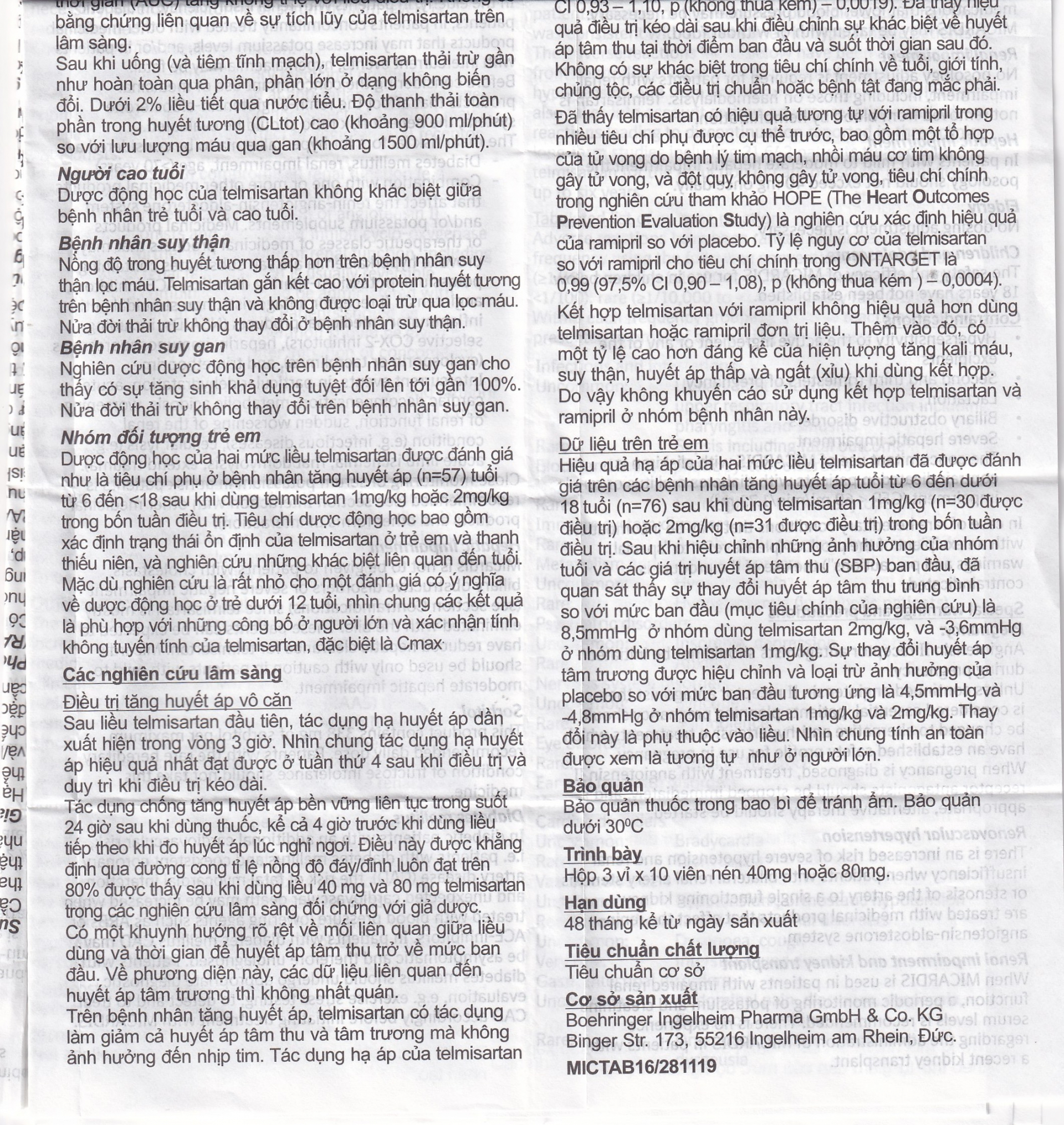 Viên nén Micardis 40mg Boehringer điều trị tăng huyết áp vô căn (3 vỉ x 10 viên)