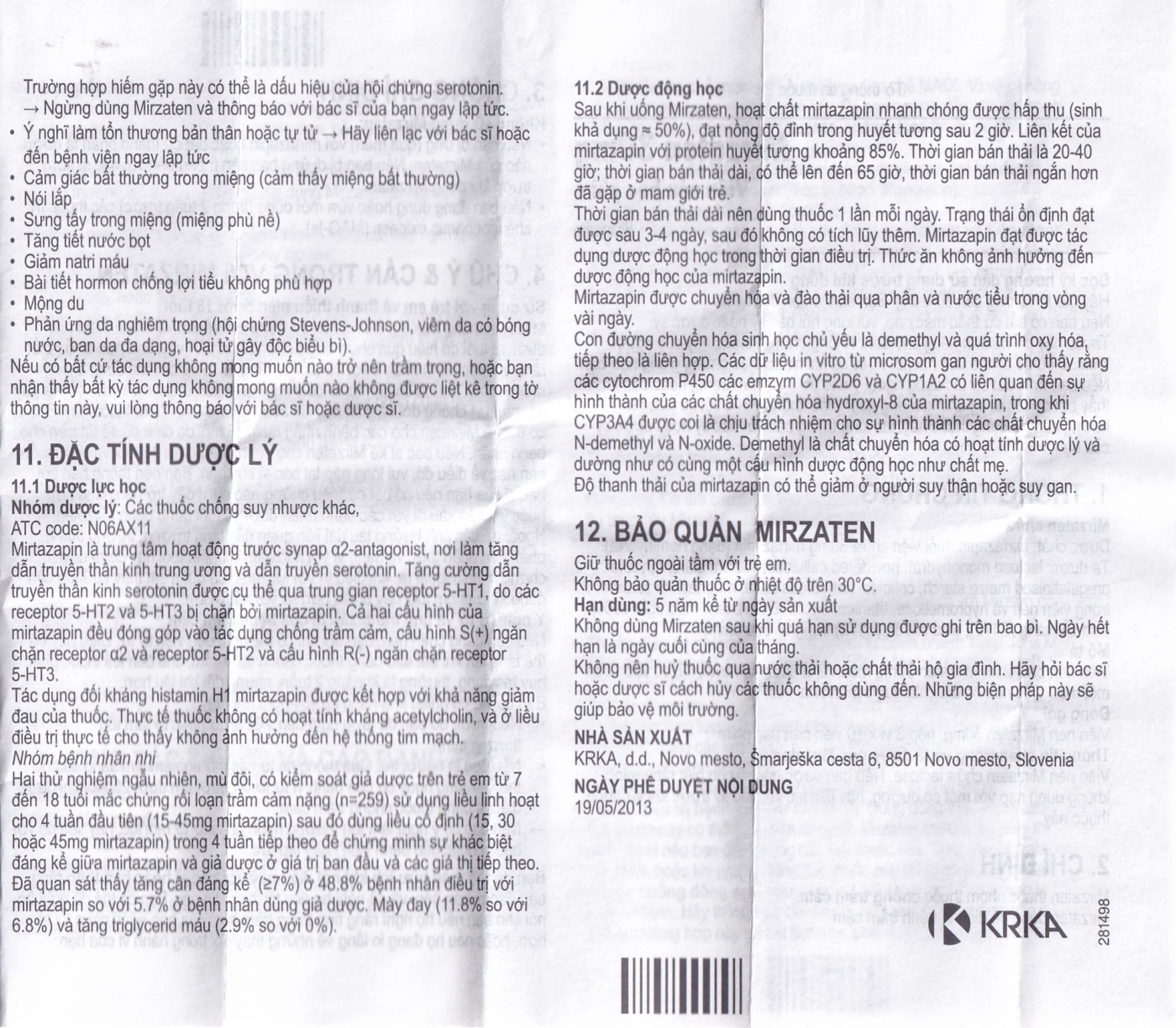Viên nén Mirzaten 30mg KRKA điều trị trầm cảm (3 vỉ x 10 viên)