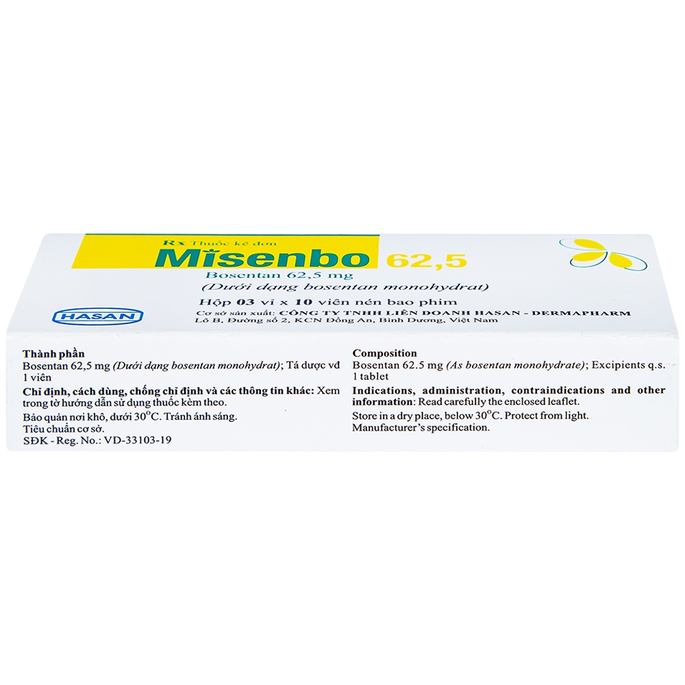 Viên nén Misenbo 62,5 Hasan điều trị tăng huyết áp động mạch phổi (3 vỉ x 10 viên)