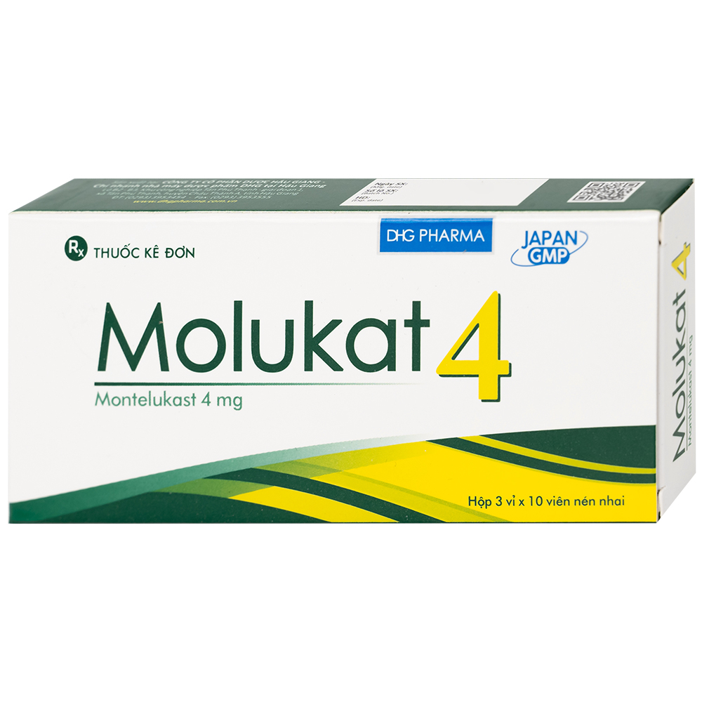 Thuốc Molukat 4mg DHG phòng và điều trị hen suyễn mức nhẹ đến trung bình (3 vỉ x 10 viên)