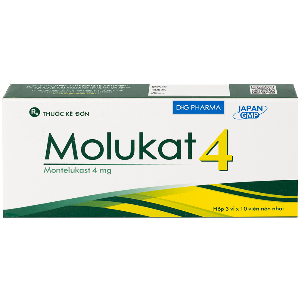 Thuốc Molukat 4mg DHG phòng và điều trị hen suyễn mức nhẹ đến trung bình (3 vỉ x 10 viên)