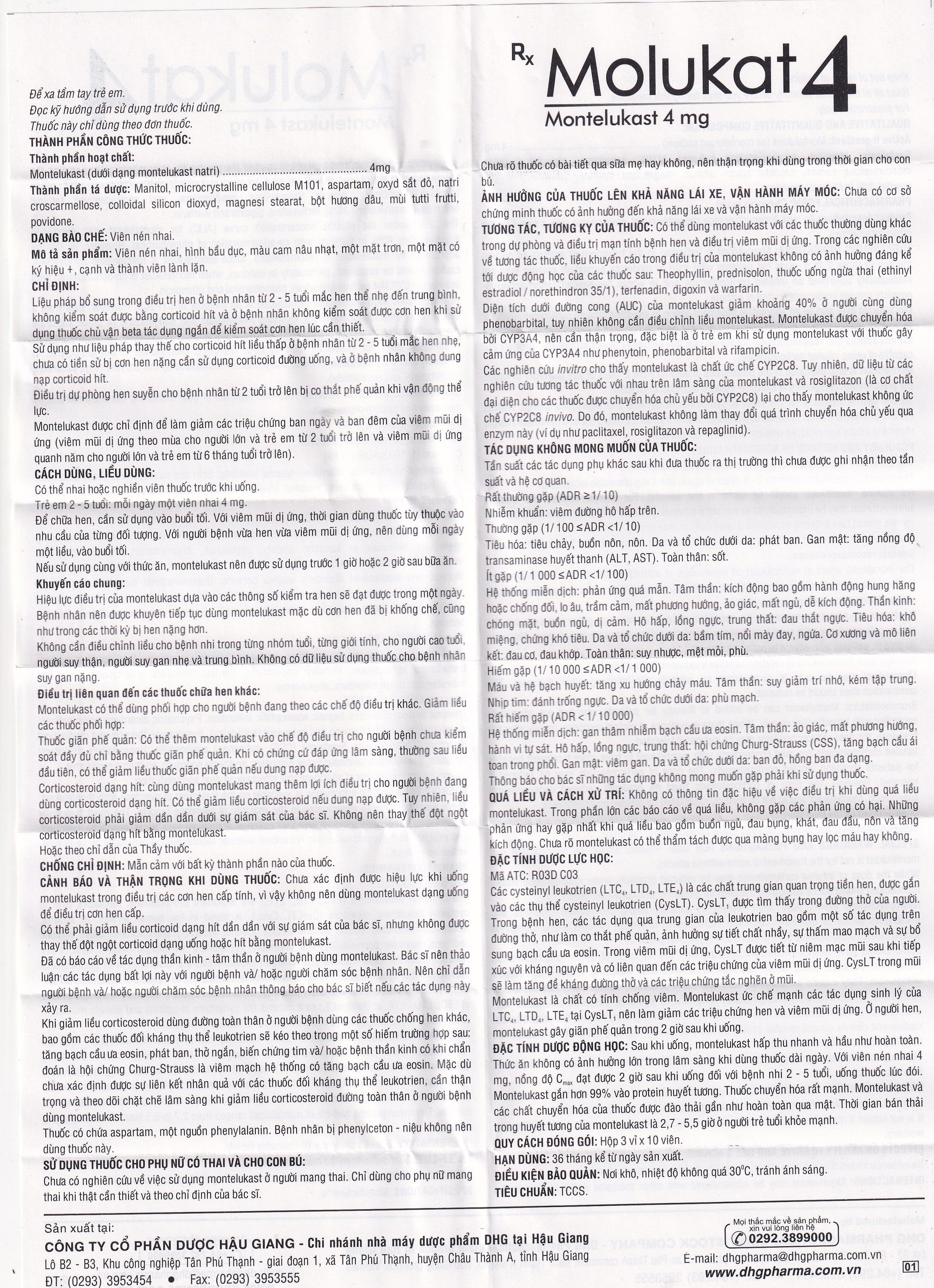 Thuốc Molukat 4mg DHG phòng và điều trị hen suyễn mức nhẹ đến trung bình (3 vỉ x 10 viên)