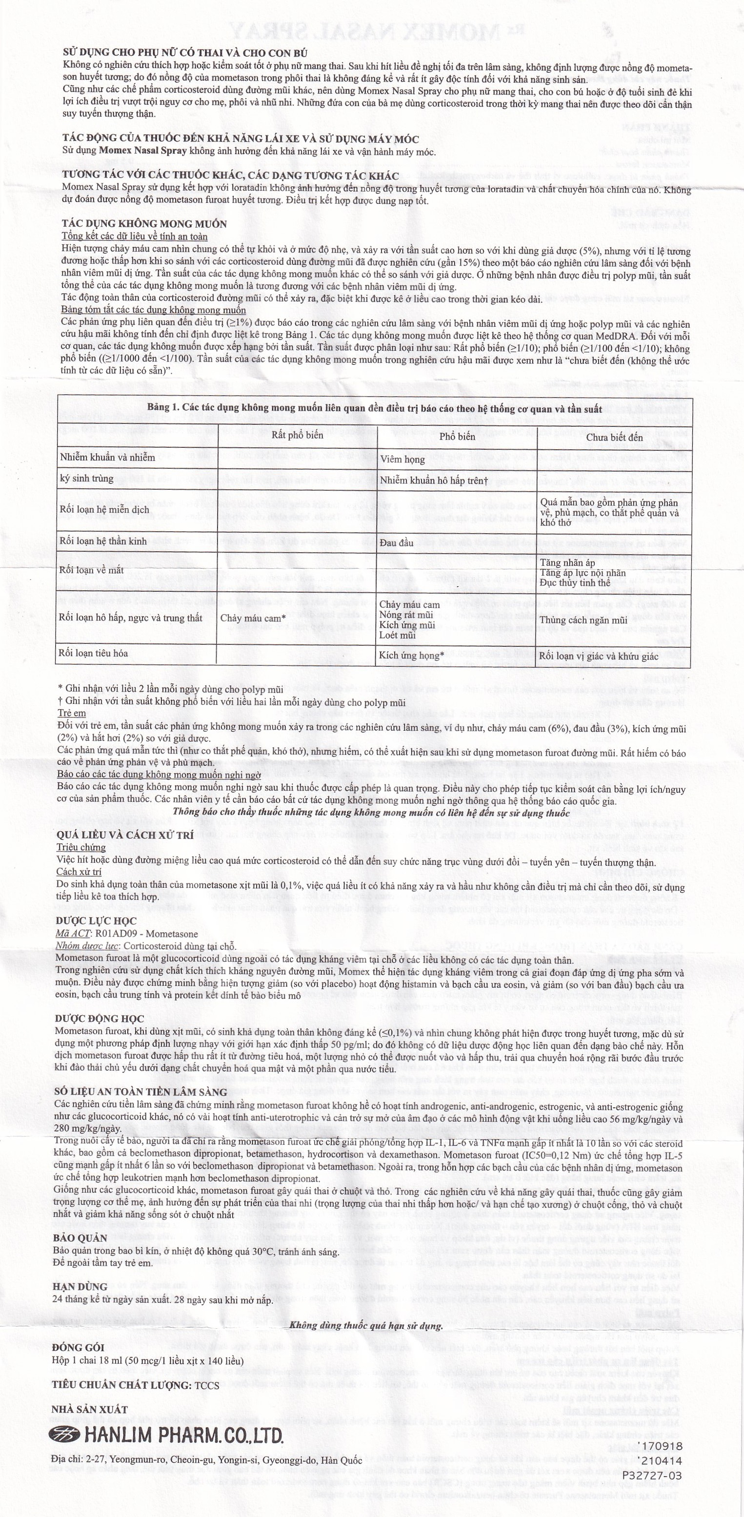 Hỗn dịch xịt mũi Momex Nasal Spray Hanlim điều trị viêm mũi theo mùa (18ml)