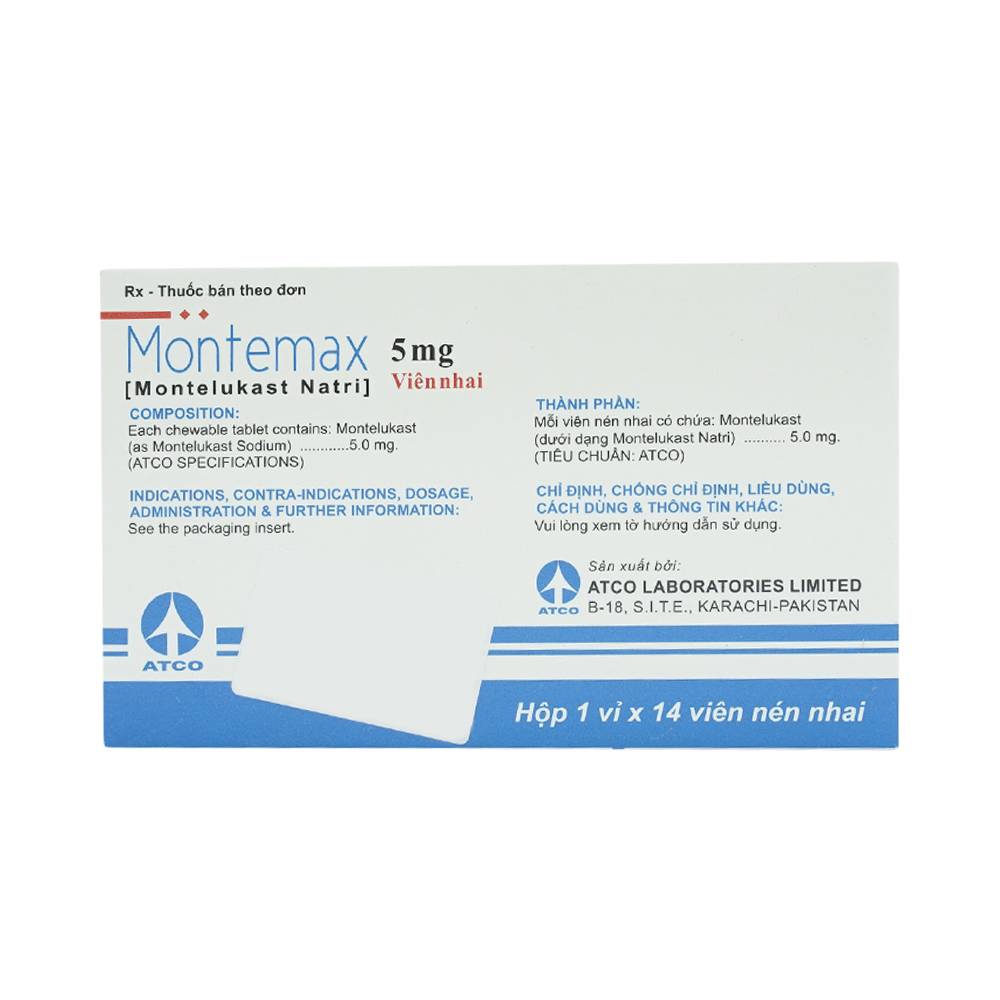 Viên nhai Montemax 5mg Atco điều trị hen suyễn mãn tính (1 vỉ x 14 viên)
