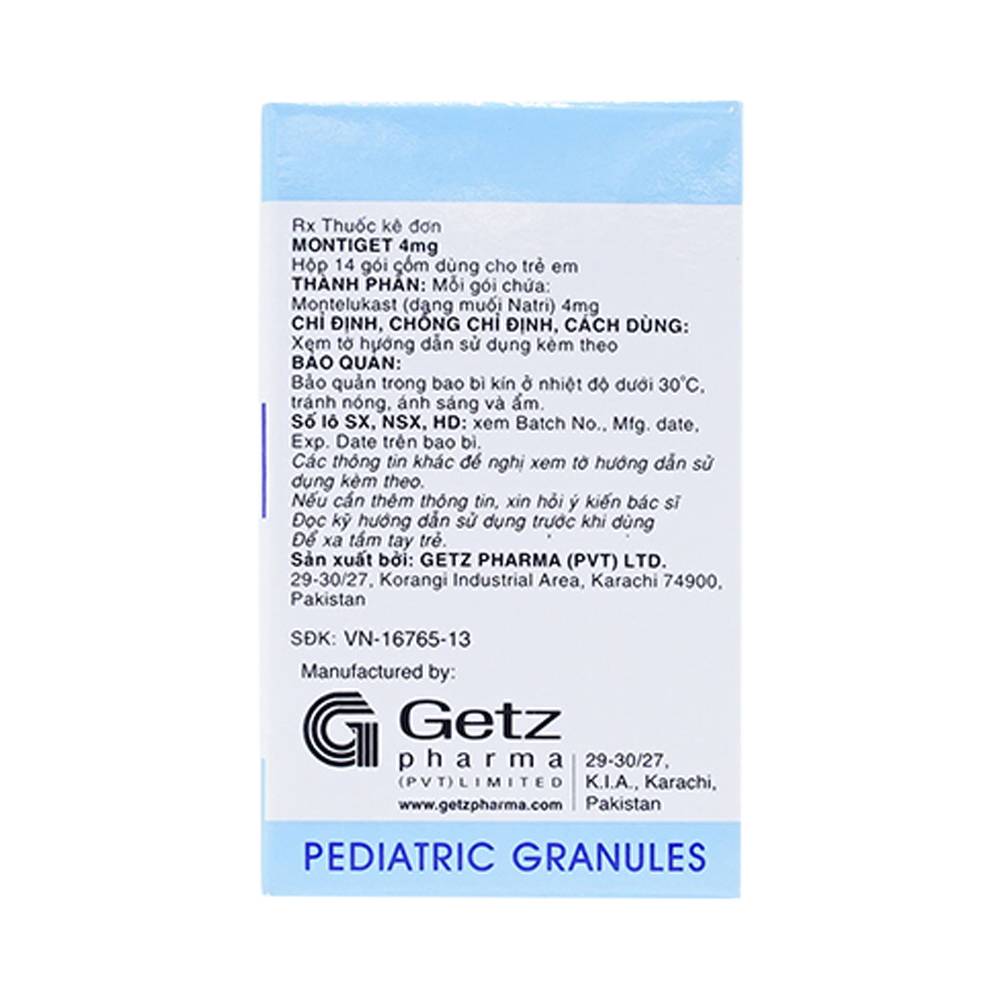 Thuốc cốm Montiget 4mg Getz điều trị hen suyễn ở trẻ em (14 gói)