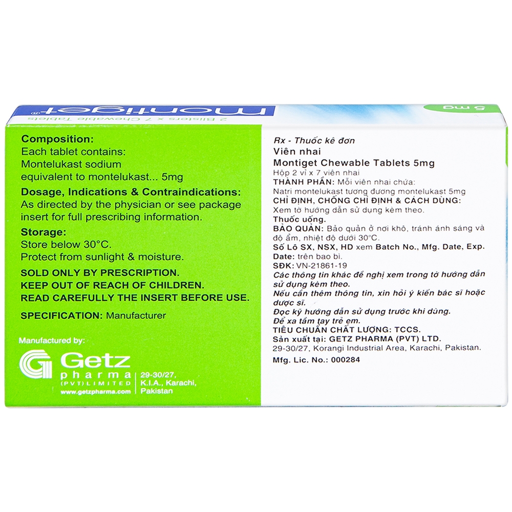 Thuốc Montiget 5mg Getz phòng và điều trị hen phế quản mãn tính (2 vỉ x 7 viên)