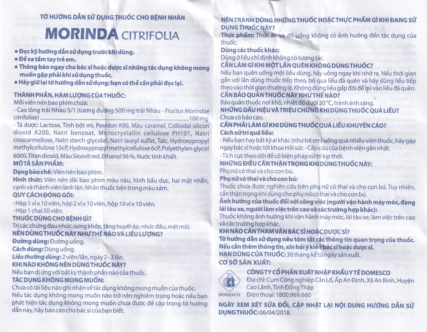 Thuốc Morinda Citrifolia Domesco điều trị đau nhức, sưng khớp, tăng huyết áp (50 viên) 