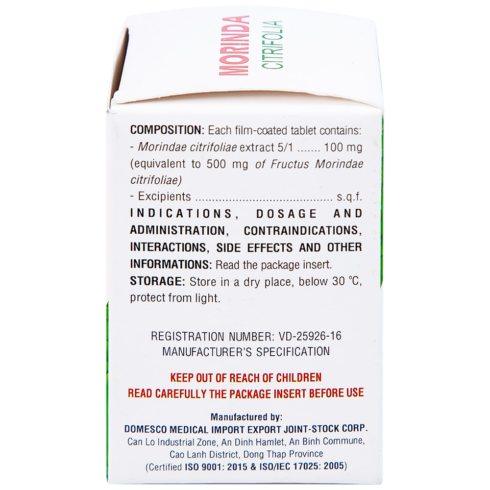 Thuốc Morinda Citrifolia Domesco điều trị đau nhức, sưng khớp, tăng huyết áp (50 viên) 