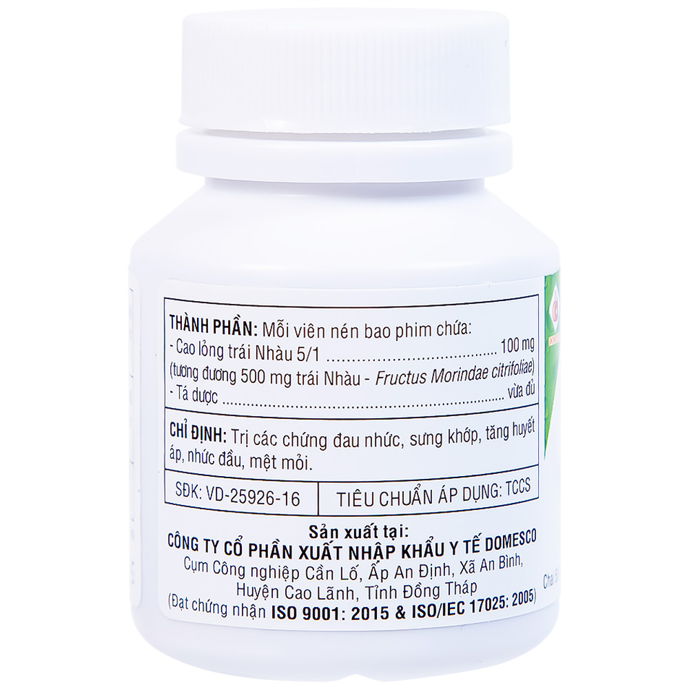 Thuốc Morinda Citrifolia Domesco điều trị đau nhức, sưng khớp, tăng huyết áp (50 viên) 