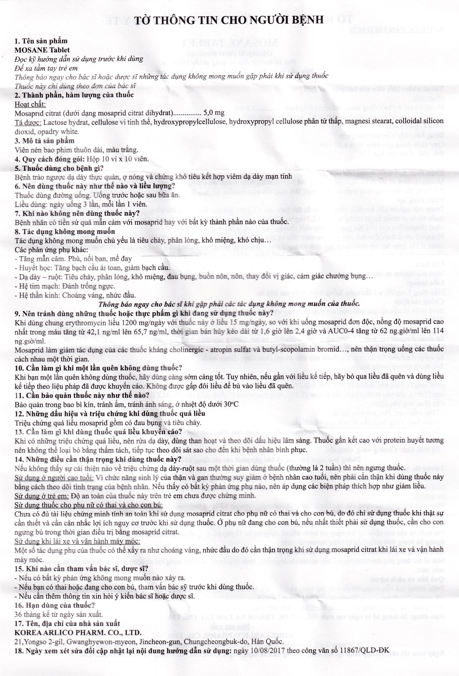 Viên nén Mosane Tablet 5mg Arlico điều trị bệnh trào ngược dạ dày - thực quản, ợ nóng (10 vỉ x 10 viên) 
