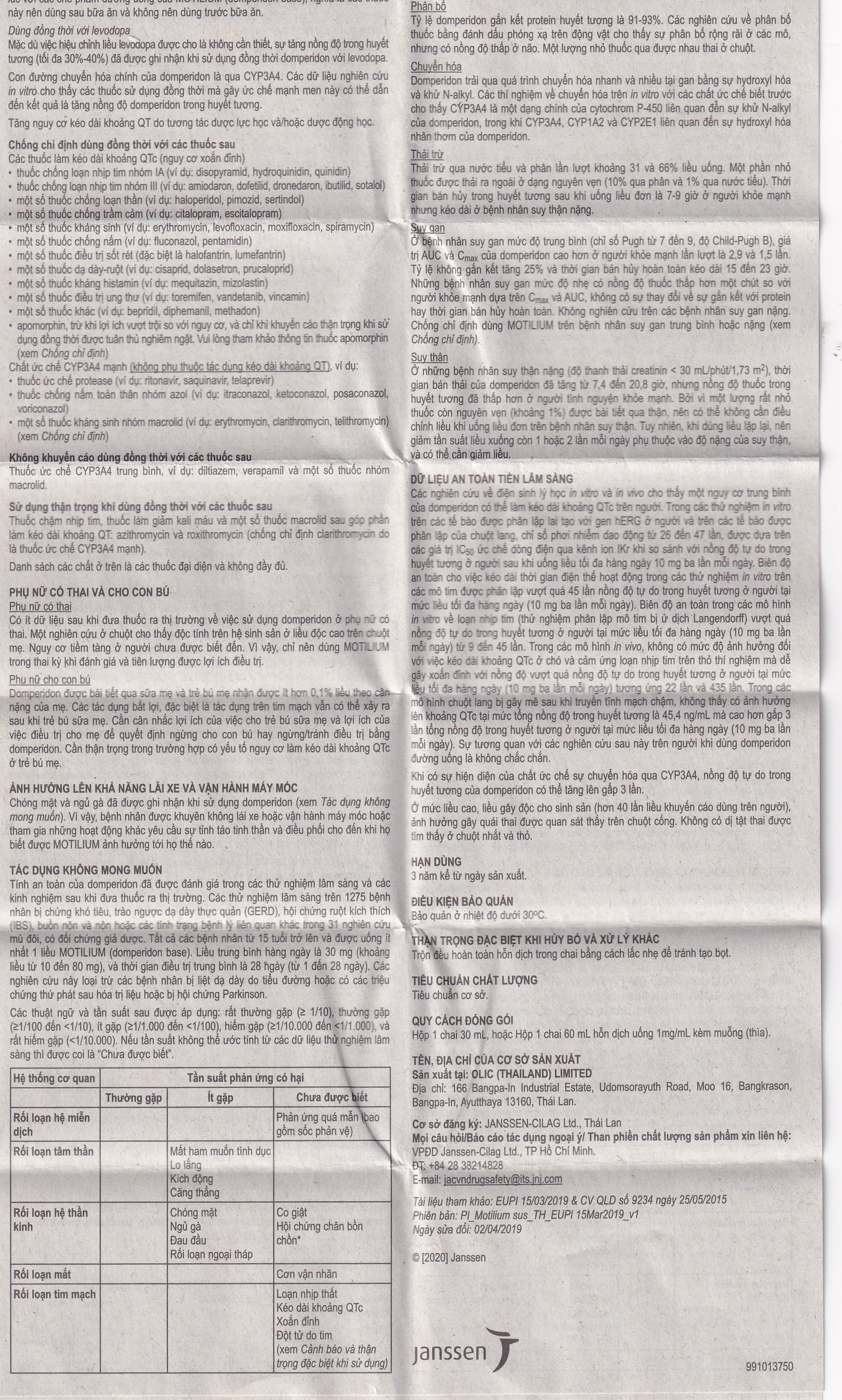 Hỗn dịch uống Motilium Janssen điều trị triệu chứng nôn và buồn nôn (60ml)