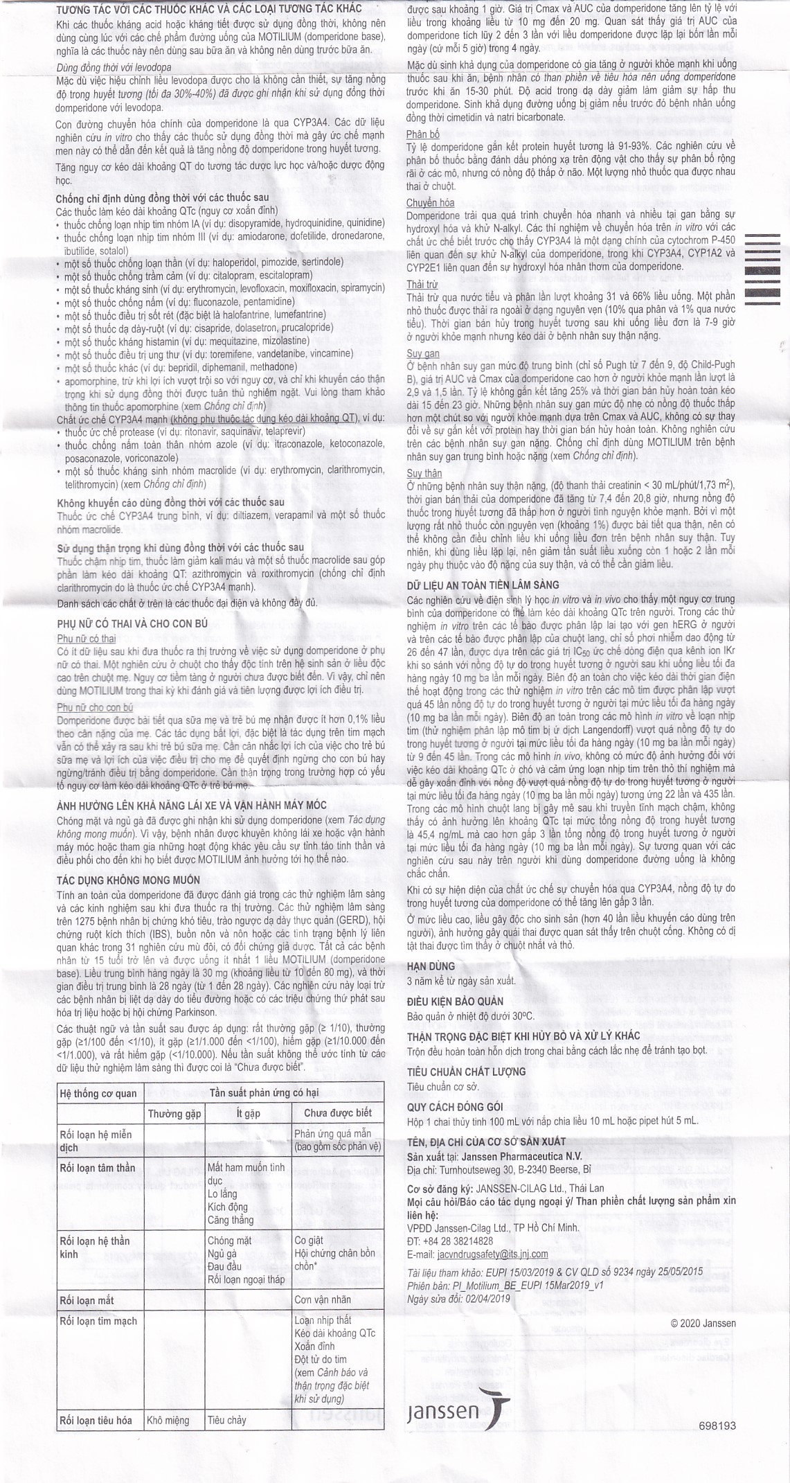 Hỗn dịch uống Motilium Janssen điều trị triệu chứng nôn và buồn nôn (100ml)