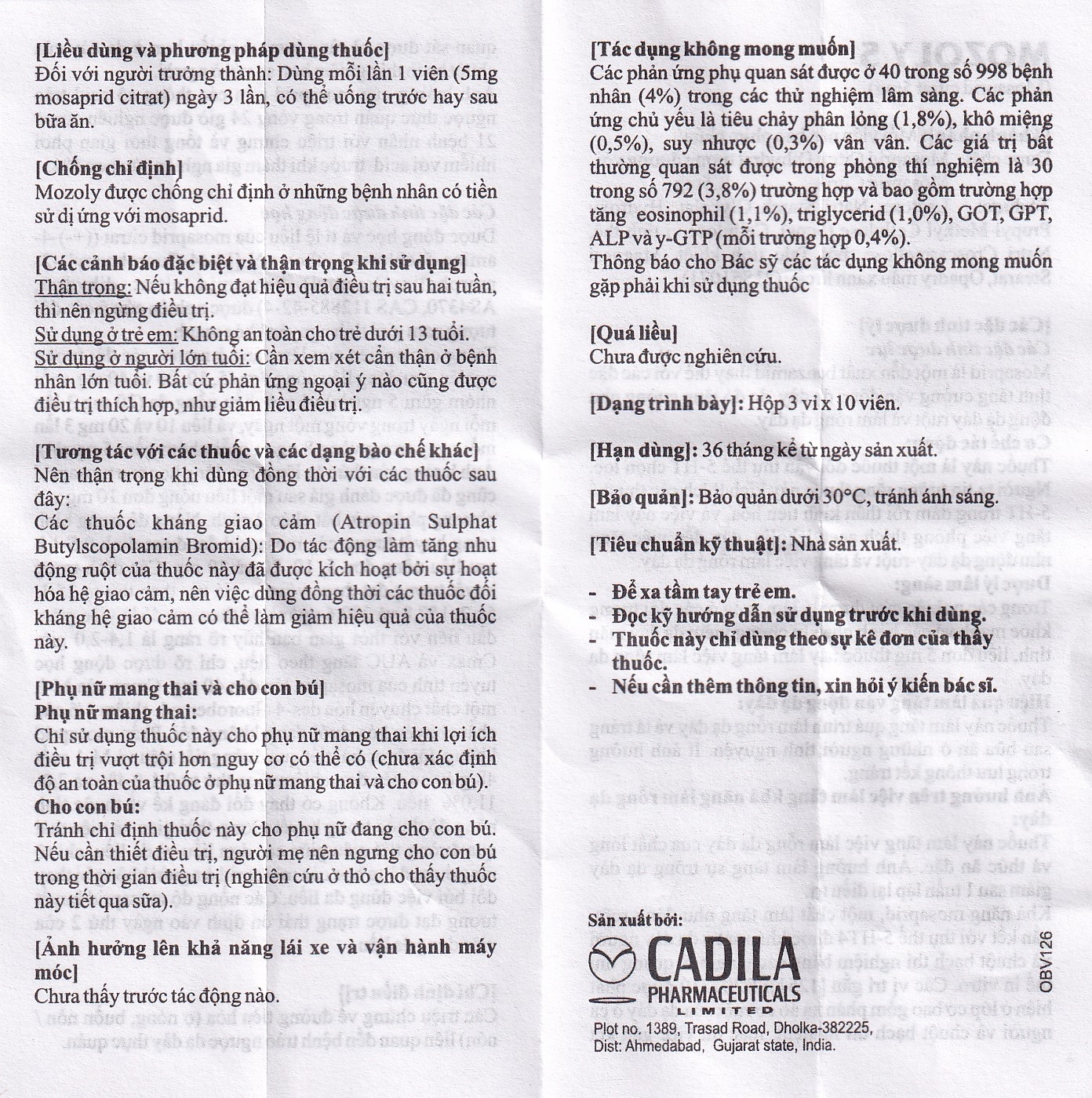 Viên nén Mozoly 5mg Cadila điều trị ợ nóng, buồn nôn, trào ngược dạ dày - thực quản (3 vỉ x 10 viên) 
