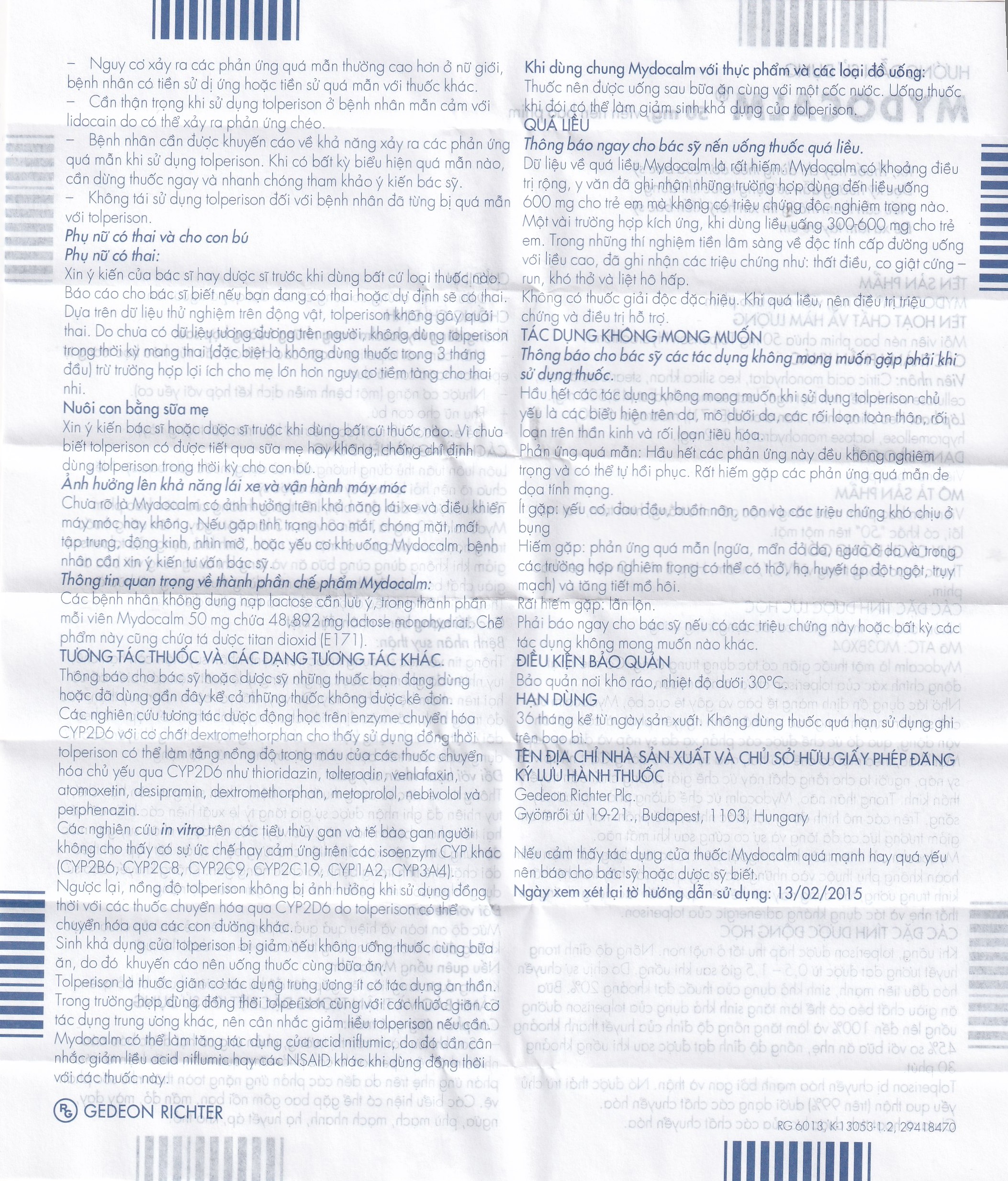 Viên nén Mydocalm 50mg Gedeon điều trị triệu chứng co cứng cơ sau đột quỵ (3 vỉ x 10 viên) 