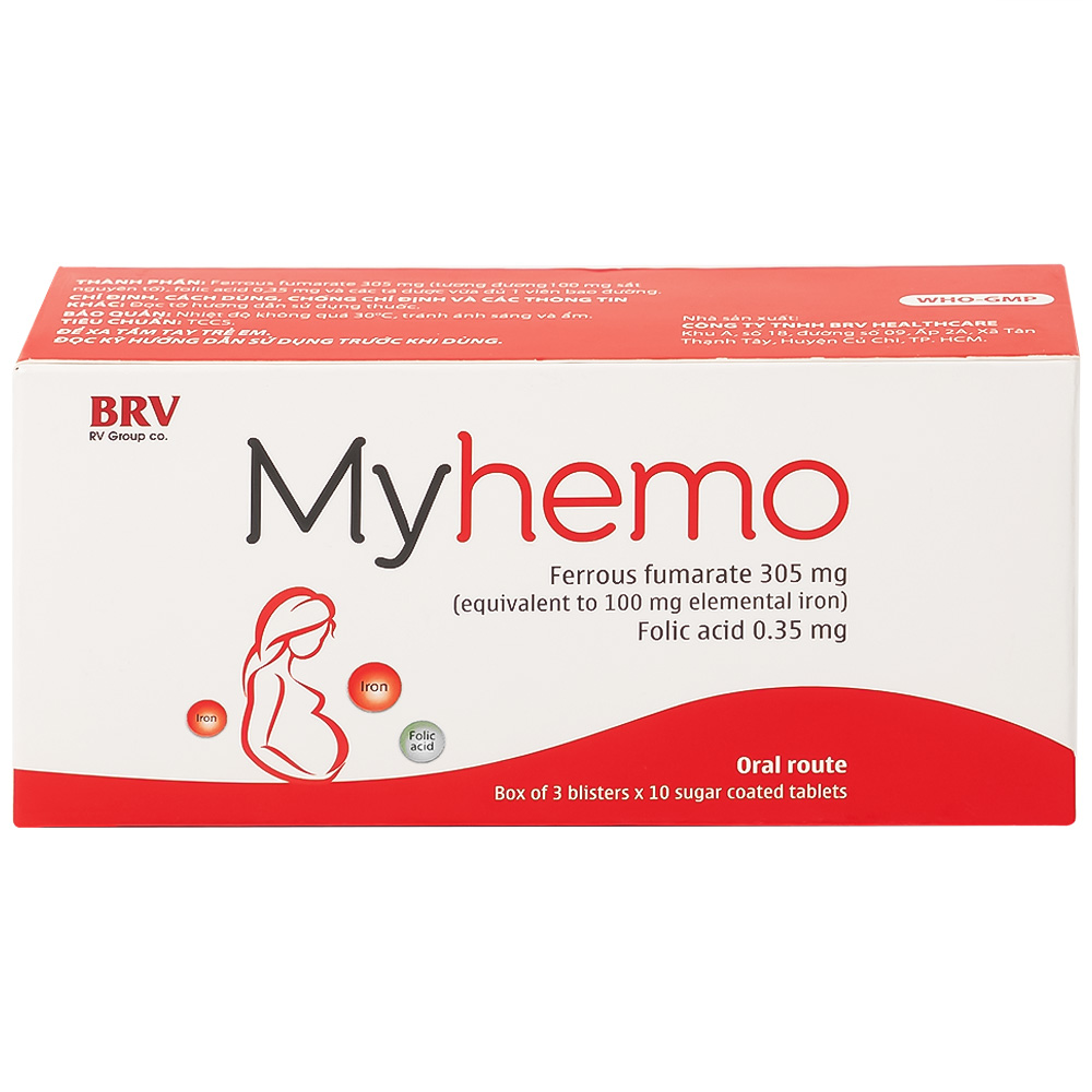Thuốc Myhemo BRV điều trị dự phòng thiếu sắt và folic acid trong khi mang thai (3 vỉ x 10 viên)