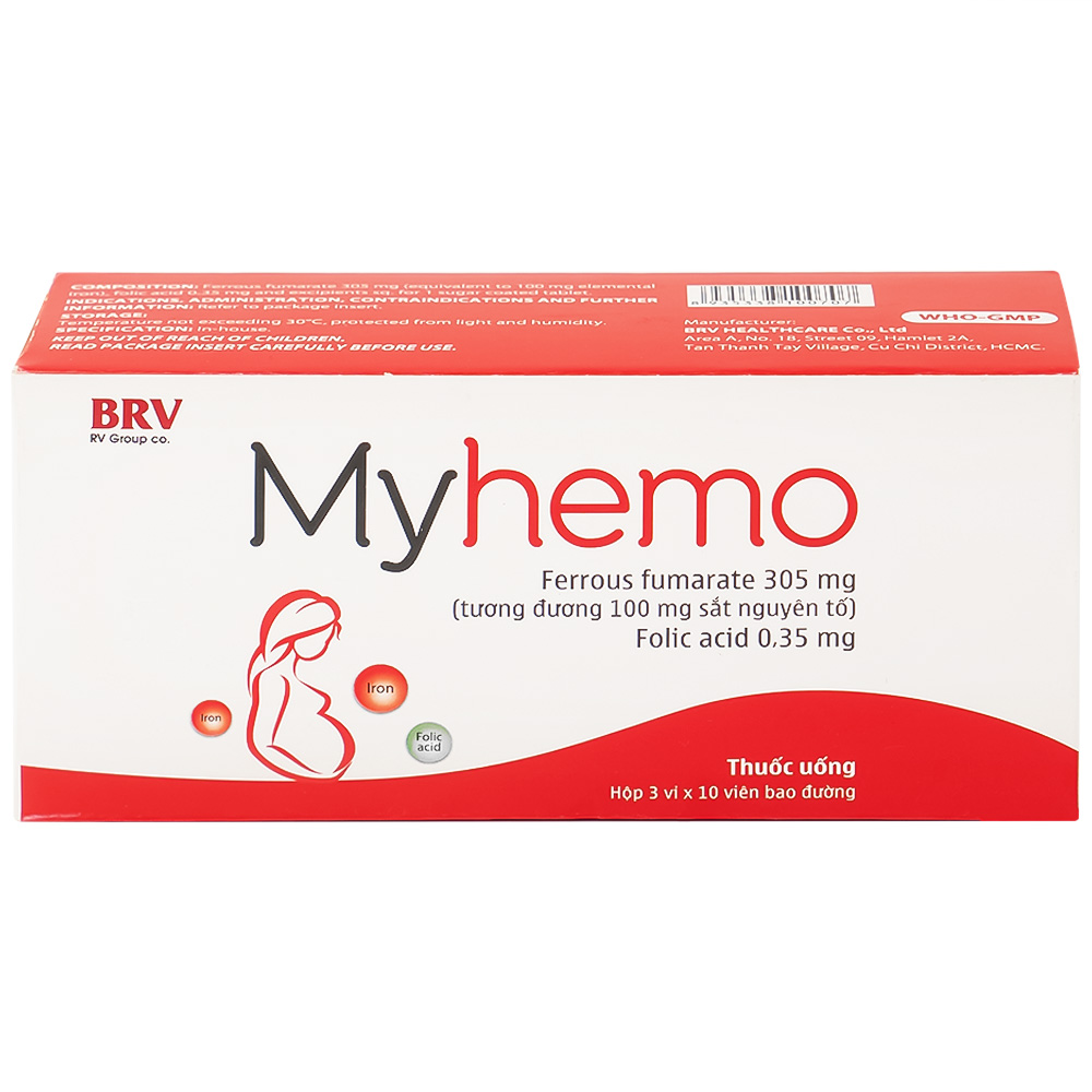 Thuốc Myhemo BRV điều trị dự phòng thiếu sắt và folic acid trong khi mang thai (3 vỉ x 10 viên)