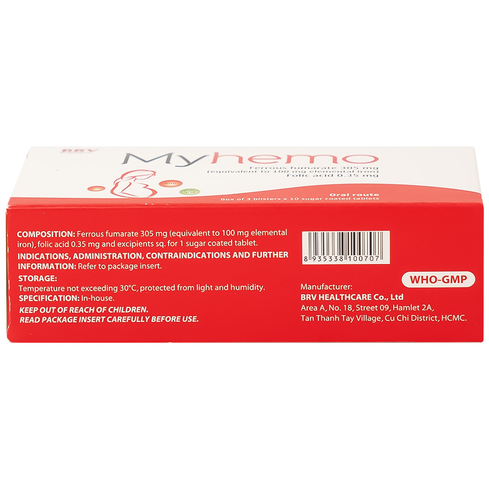 Thuốc Myhemo BRV điều trị dự phòng thiếu sắt và folic acid trong khi mang thai (3 vỉ x 10 viên)