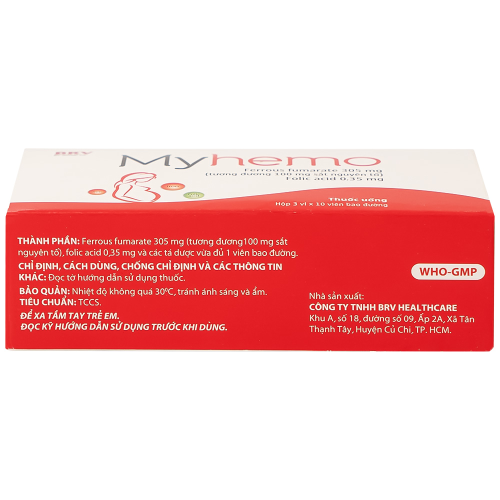 Thuốc Myhemo BRV điều trị dự phòng thiếu sắt và folic acid trong khi mang thai (3 vỉ x 10 viên)