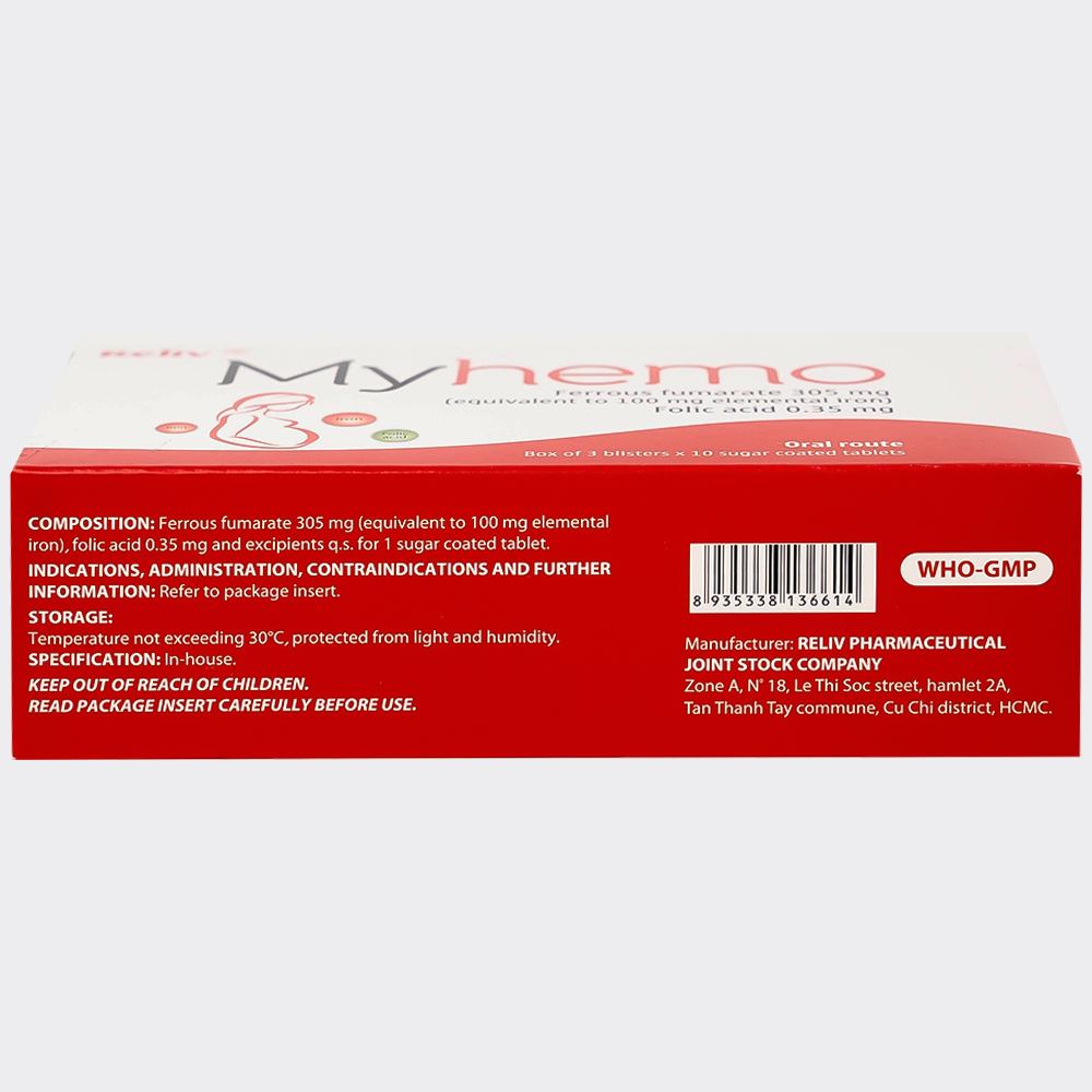 Thuốc Myhemo 305mg Reliv dự phòng thiếu sắt và folic acid (3 vỉ x 10 viên)