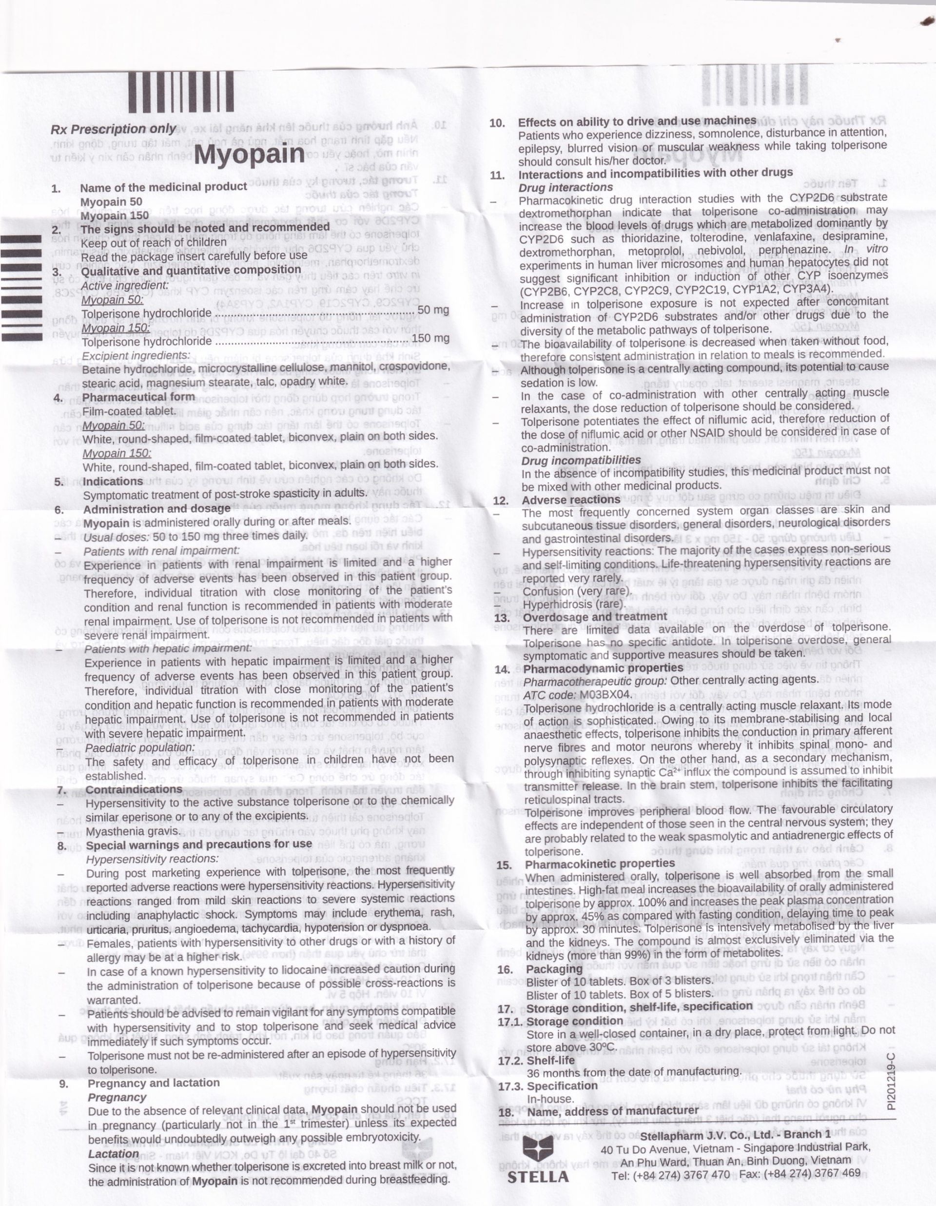 Thuốc Myopain 50 Stella điều trị chứng co cứng cơ sau đột quỵ (5 vỉ x 10 viên)