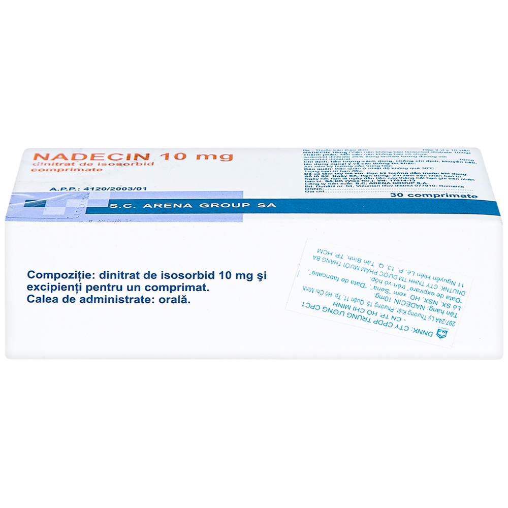 Thuốc Nadecin 10mg phòng và điều trị cơn đau thắt ngực, suy tim sung huyết (3 vỉ x 10 viên)