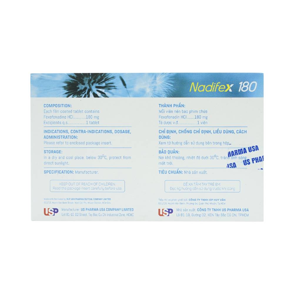 Viên nén Nadifex 180 USP giảm viêm mũi dị ứng, hắt hơi, chảy mũi (1 vỉ x 10 viên)