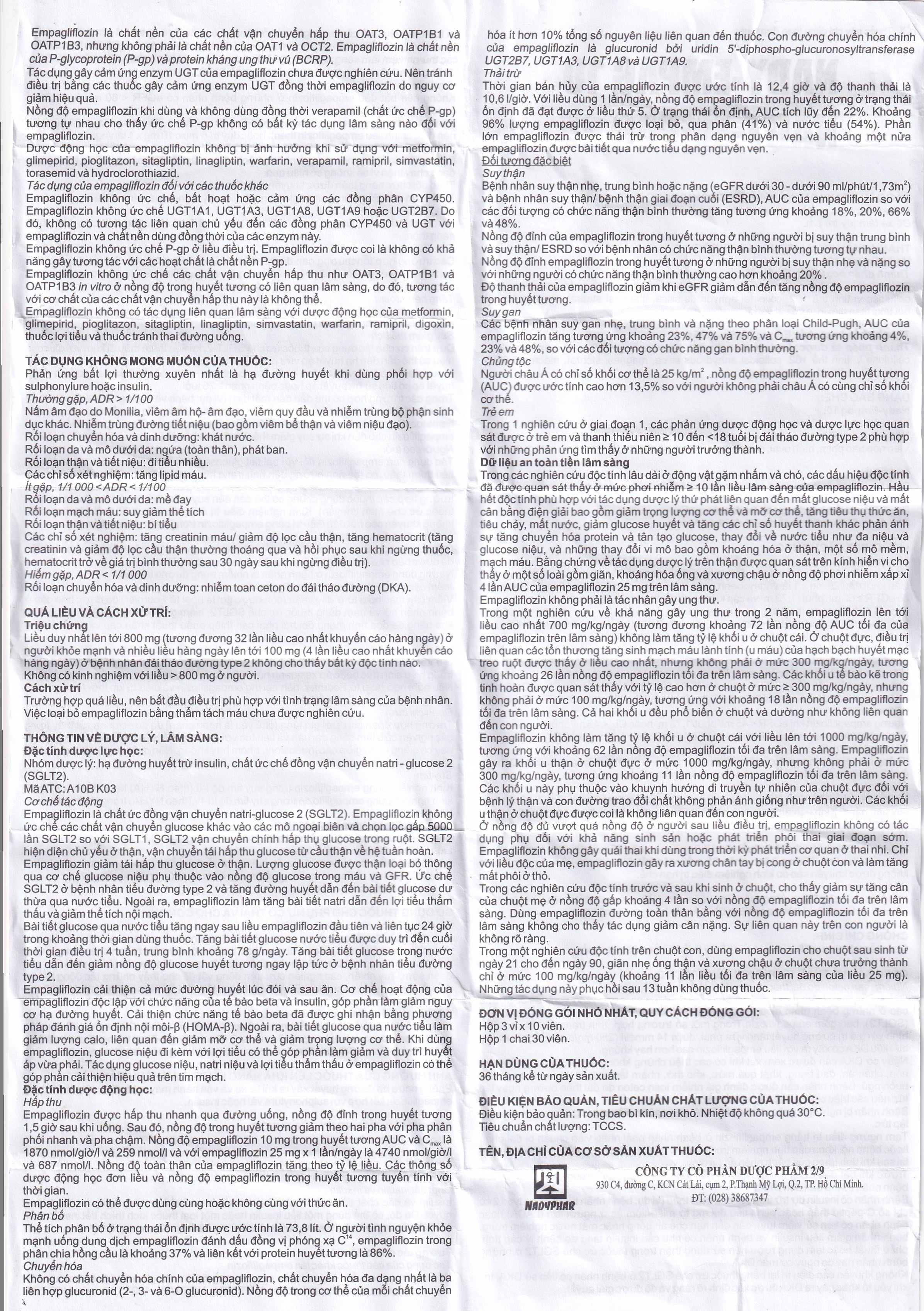 Thuốc Nady-Empag 10 Nadyphar điều trị đái tháo đường típ 2 (3 vỉ x 10 viên)