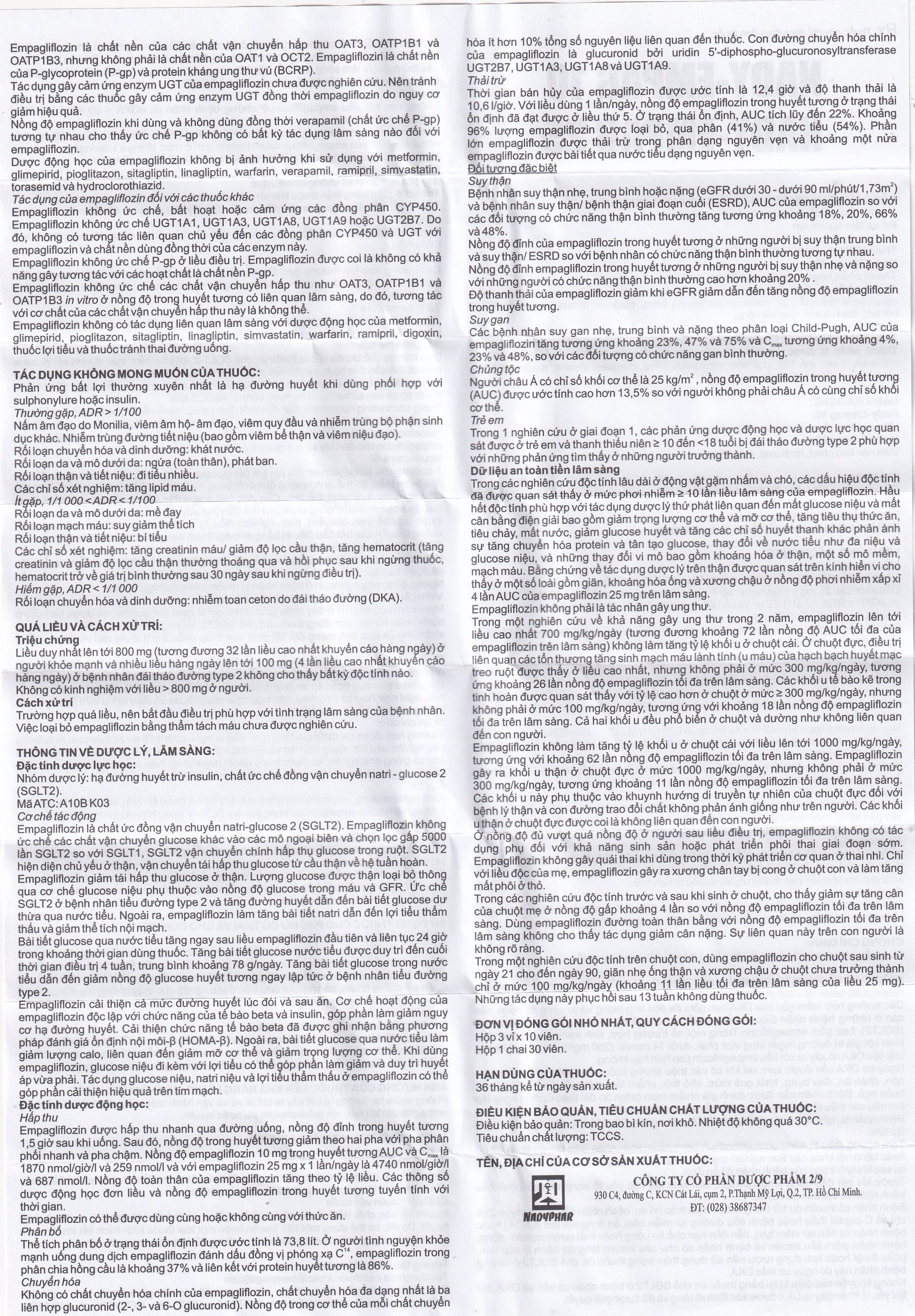 Thuốc Nady-Empag 25mg Nadyphar điều trị cho người lớn bị đái tháo đường type 2 (3 vỉ x 10 viên)