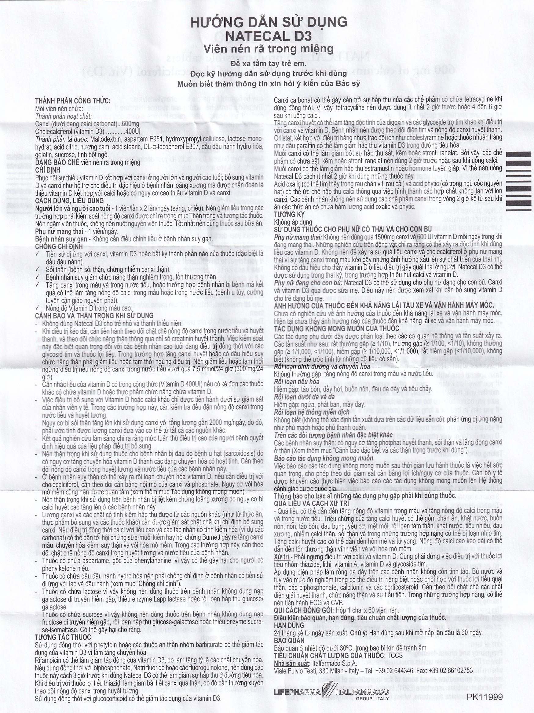 Viên nén Natecal D3 Italfarmaco điều trị và phục hồi thiếu vitamin D (60 viên)