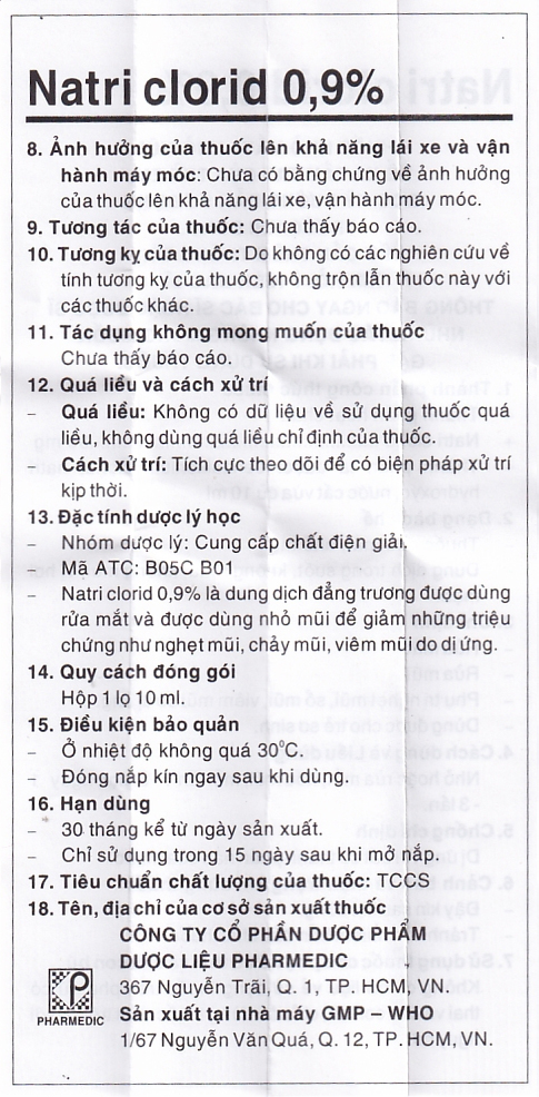 Thuốc nhỏ mắt, nhỏ mũi Natri Clorid 0,9% Pharmedic hỗ trợ rửa mắt, rửa mũi, phụ trị nghẹt mũi, sổ mũi (10ml)