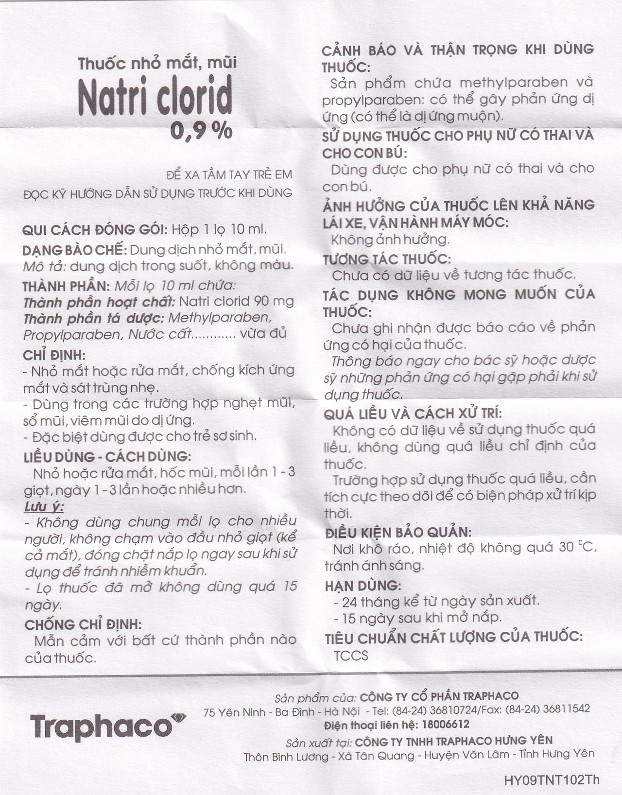 Thuốc nhỏ mắt, mũi Natri Clorid 0,9% Traphaco giảm nghẹt mũi, chảy mũi, viêm mũi dị ứng (10ml)