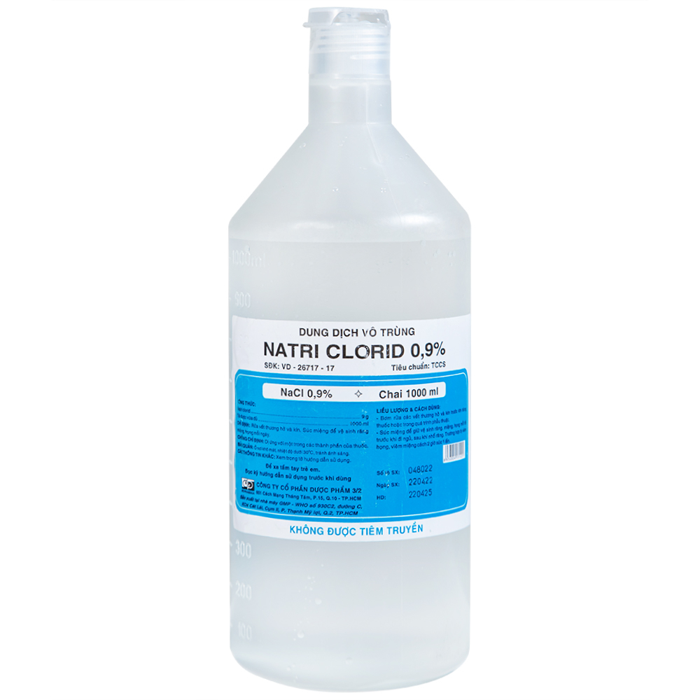 Dung dịch vô trùng Natri Clorid 0.9% Dược 3-2 rửa vết thương hở và kín, súc miệng (1000ml)