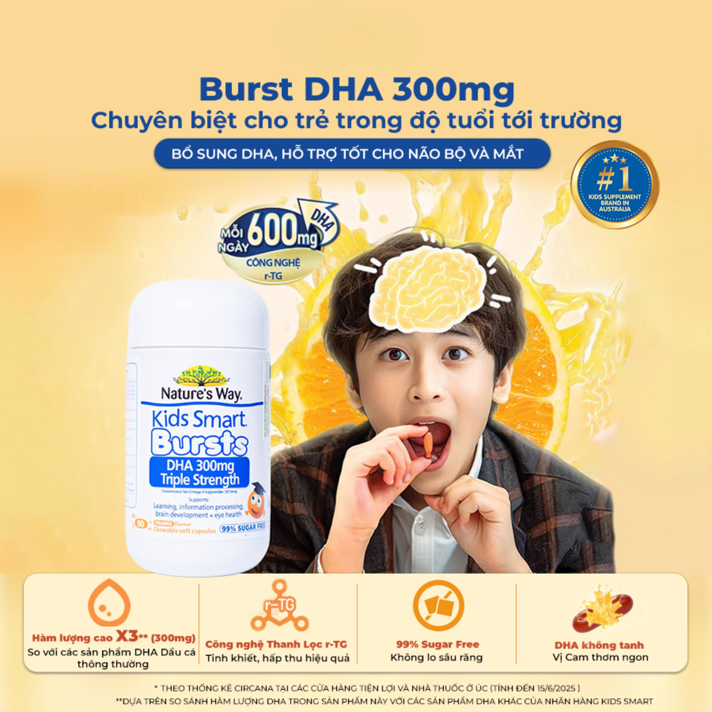 Viên nhai hỗ trợ bổ não Kids Smart Bursts DHA 300mg Nature's Way (50 viên)