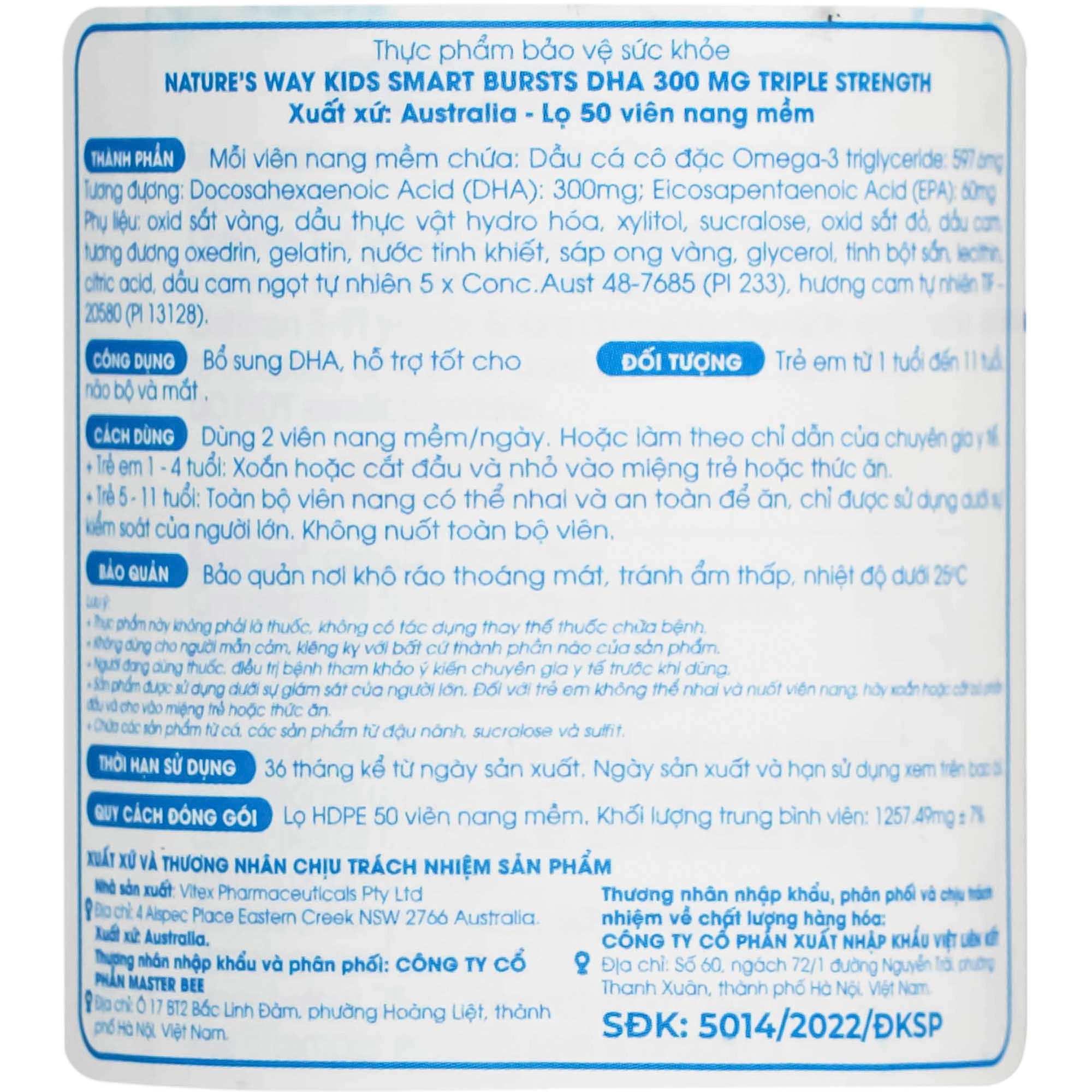 Viên nhai hỗ trợ bổ não Kids Smart Bursts DHA 300mg Nature's Way (50 viên)