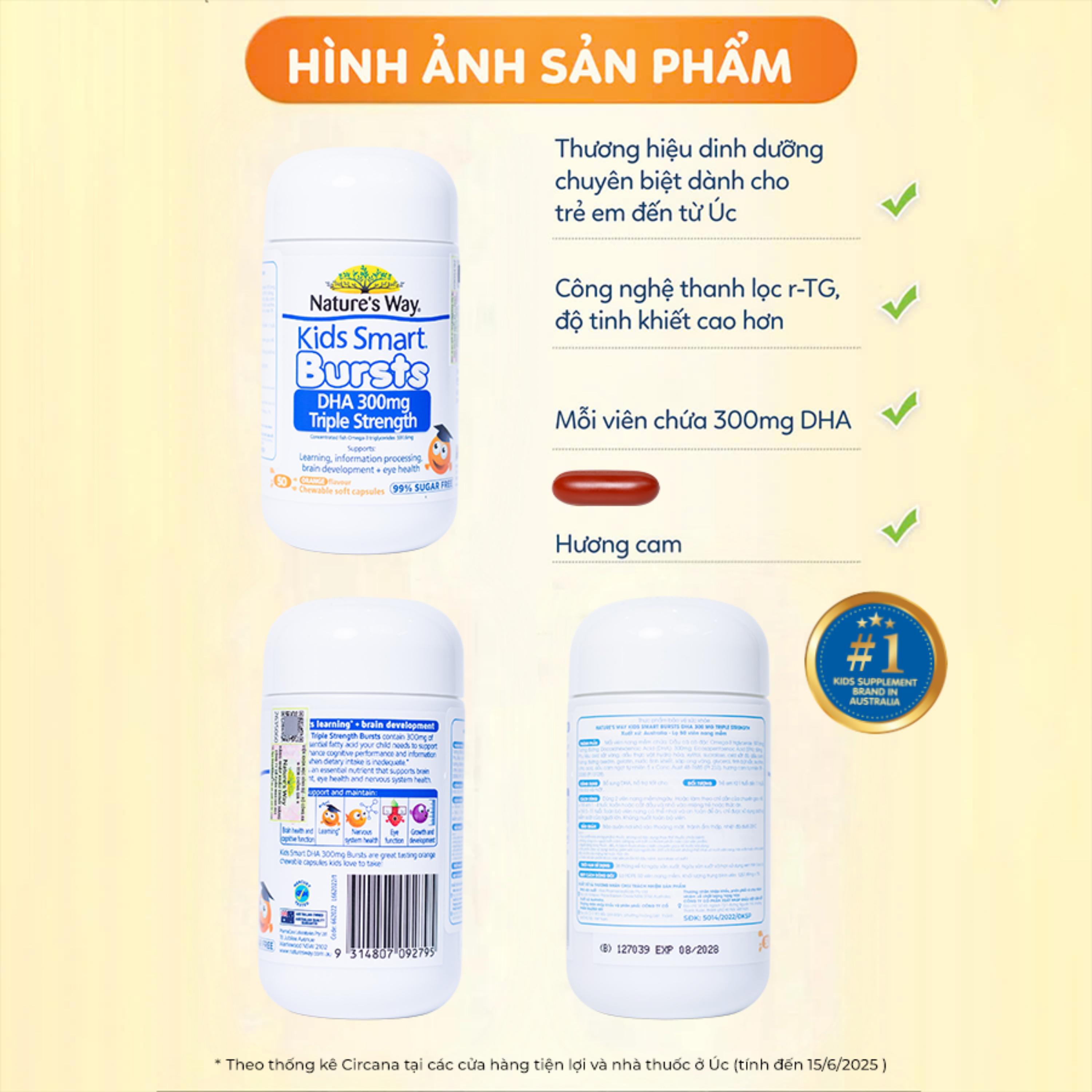 Viên nhai hỗ trợ bổ não Kids Smart Bursts DHA 300mg Nature's Way (50 viên)