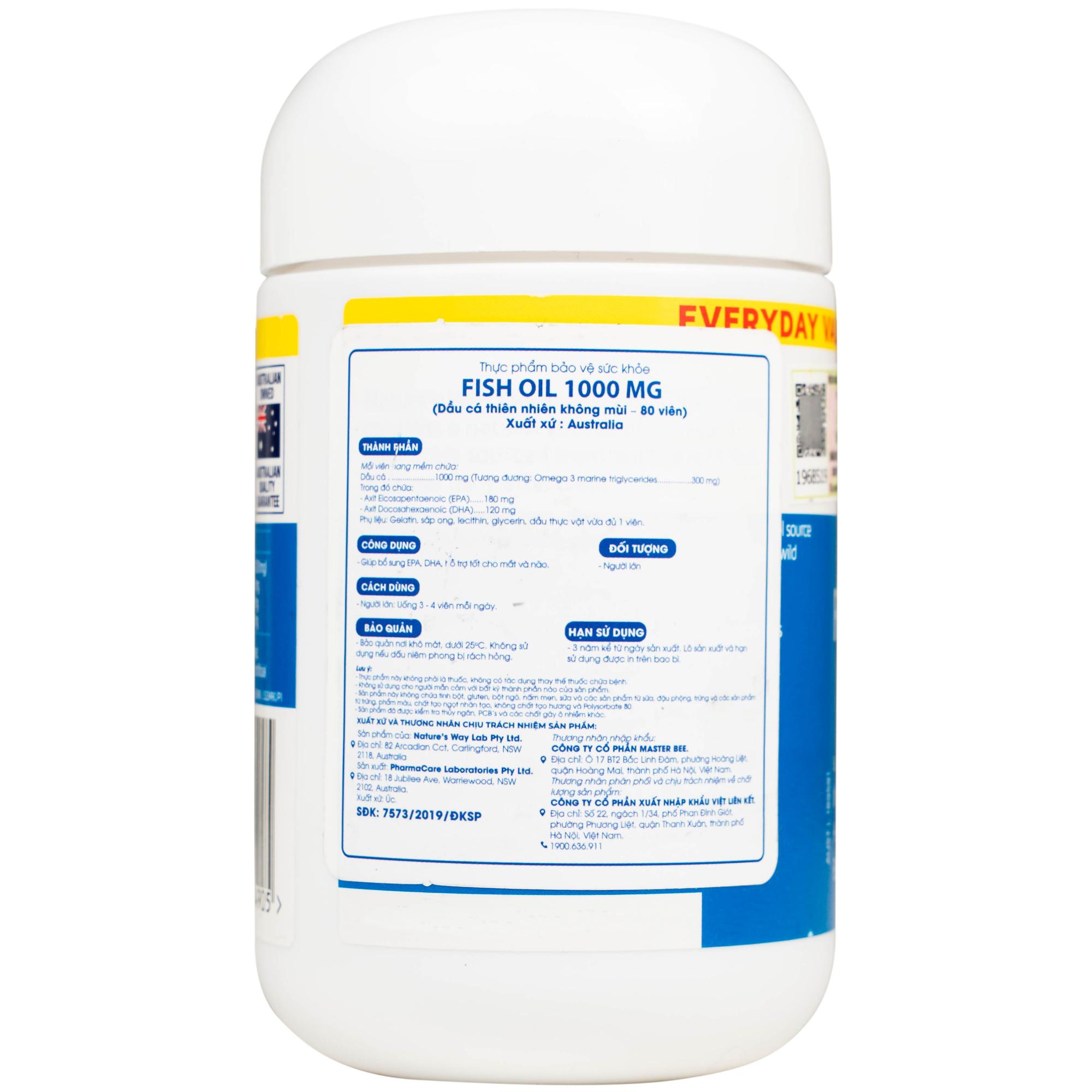 Viên hỗ trợ bổ não Odourless Fish Oil 1000mg Nature's Way (80 viên)