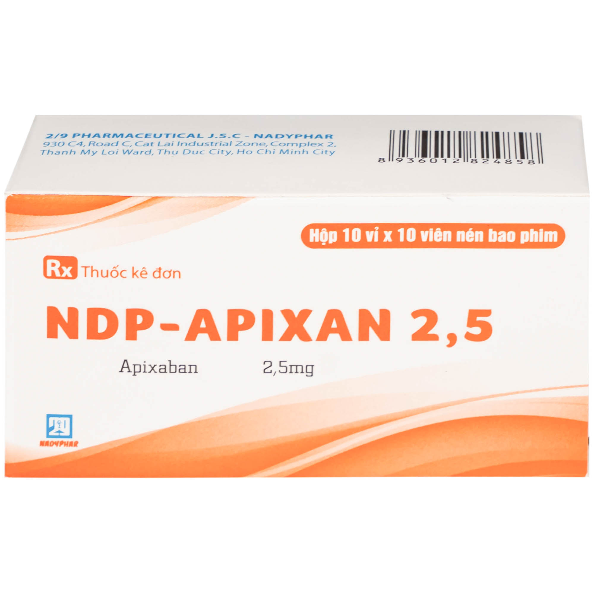 NDP-Apixan 2,5mg Nadyphar phòng ngừa biến cố thuyên tắc huyết khối tĩnh mạch (10 vỉ x 10 viên)