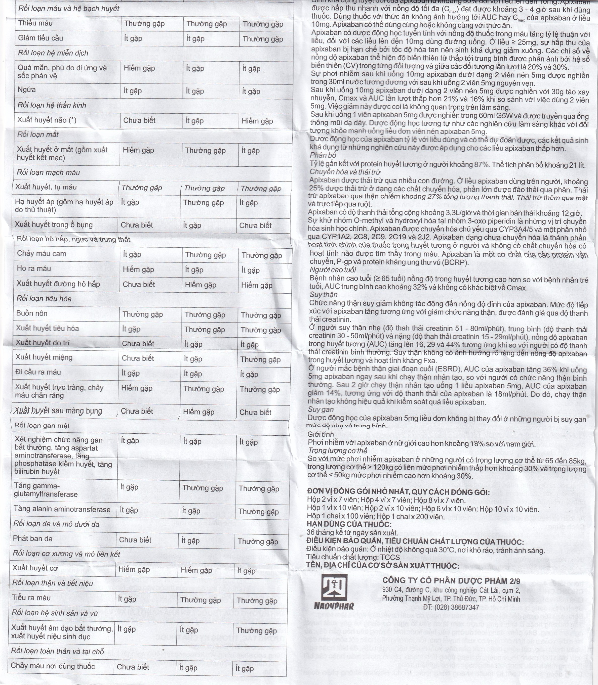NDP-Apixan 2,5mg Nadyphar phòng ngừa biến cố thuyên tắc huyết khối tĩnh mạch (10 vỉ x 10 viên)