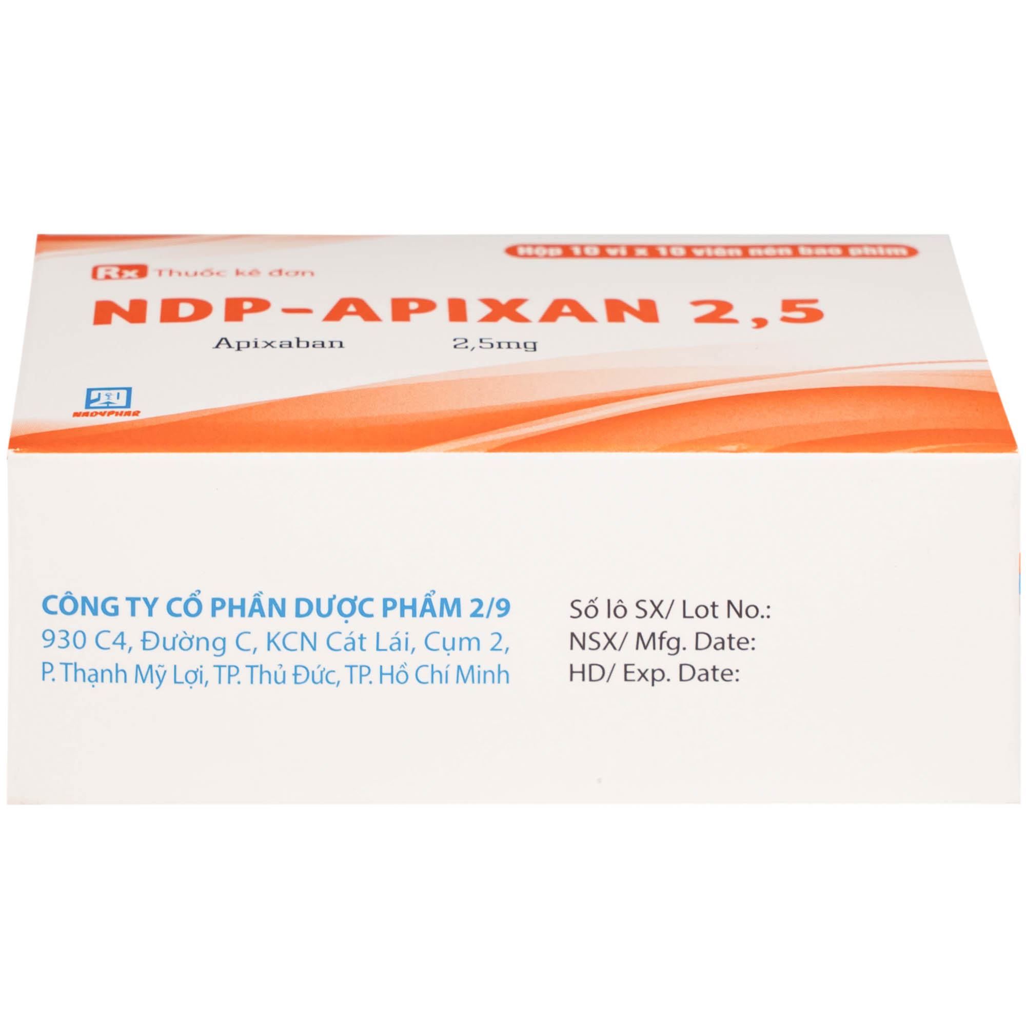 NDP-Apixan 2,5mg Nadyphar phòng ngừa biến cố thuyên tắc huyết khối tĩnh mạch (10 vỉ x 10 viên)