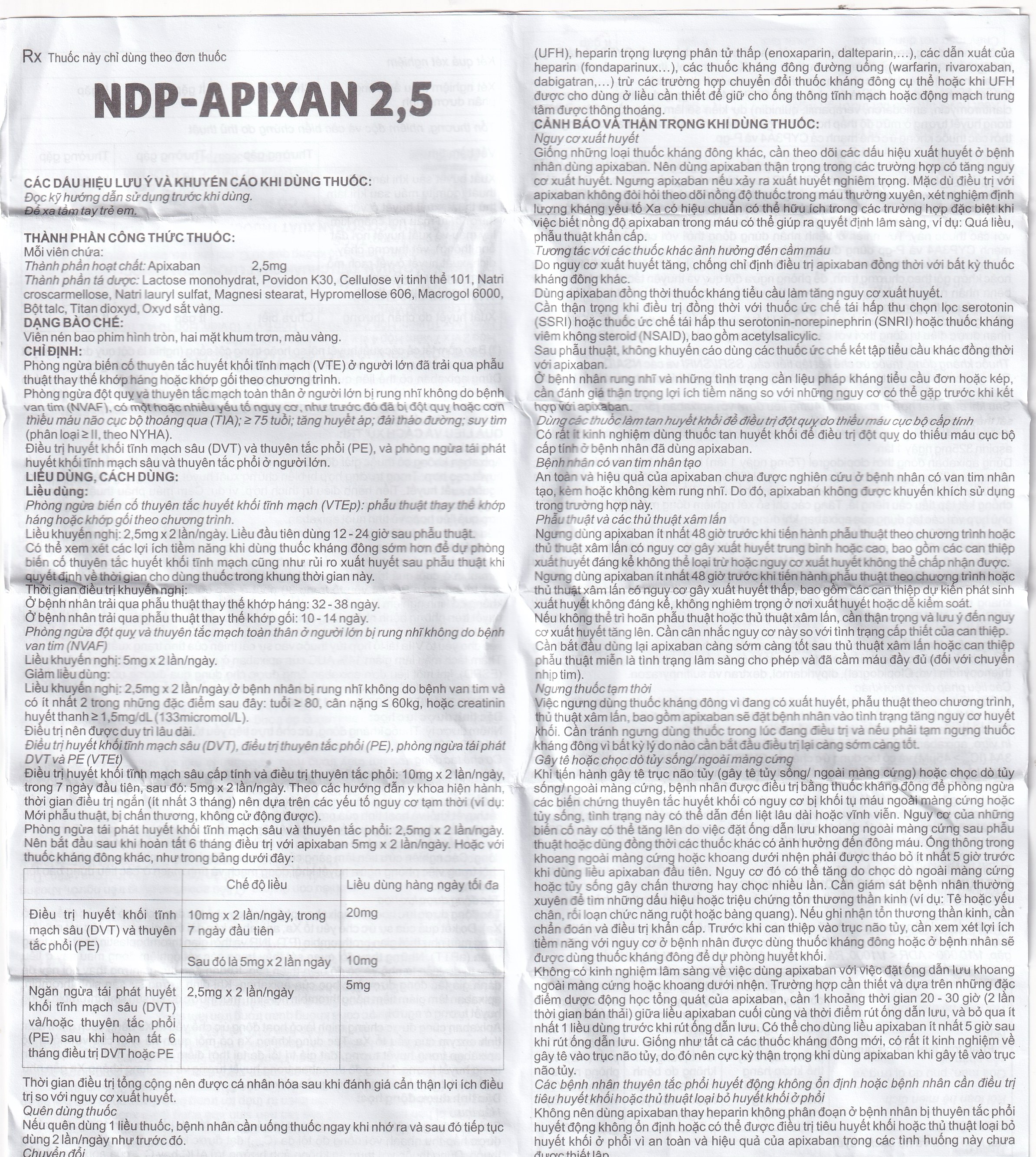 NDP-Apixan 2,5mg Nadyphar phòng ngừa biến cố thuyên tắc huyết khối tĩnh mạch (10 vỉ x 10 viên)