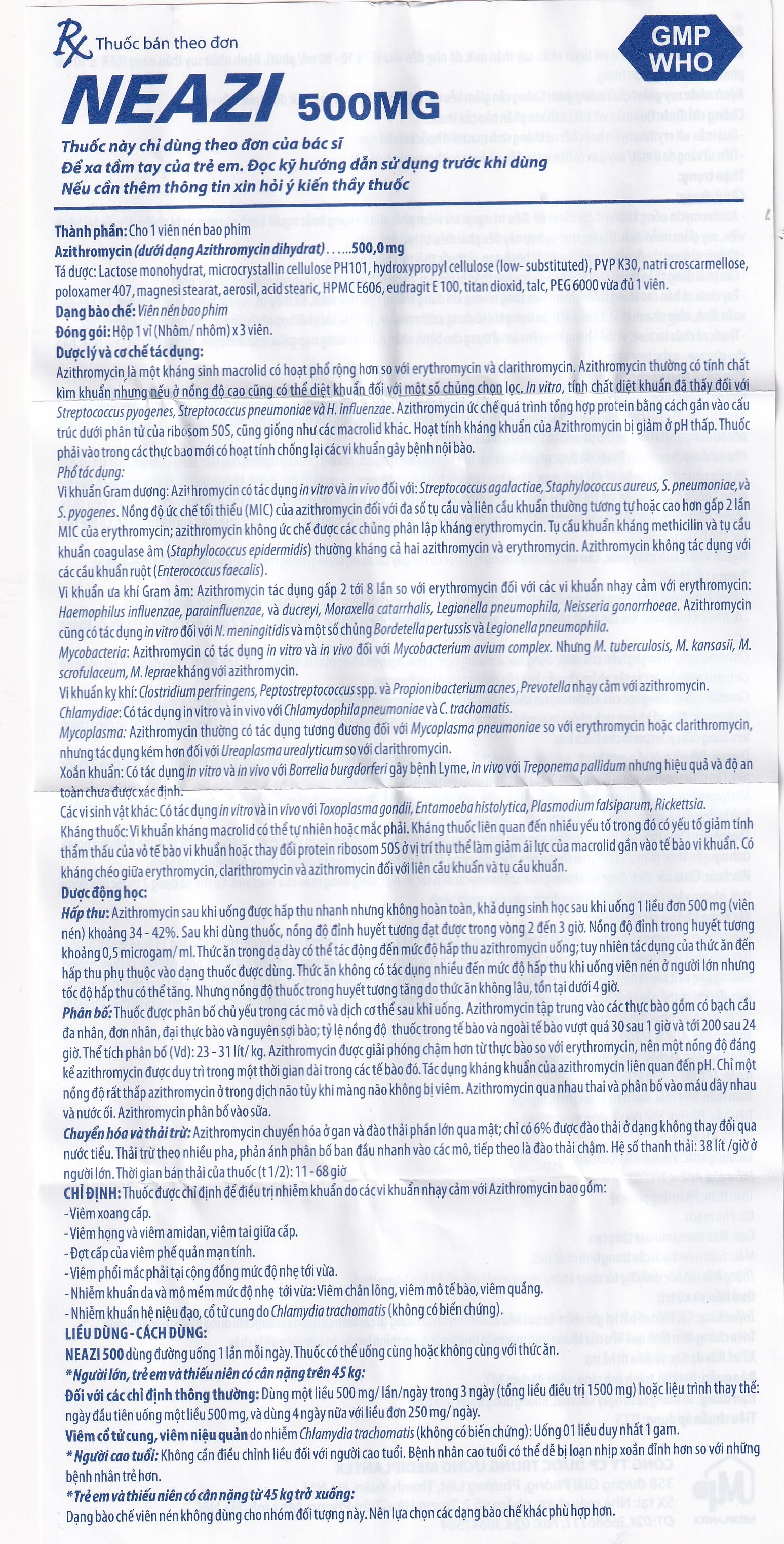 Viên nén Neazi 500mg Mediplantex điều trị viêm xoang cấp, viêm họng, amidan (1 vỉ x 3 viên)