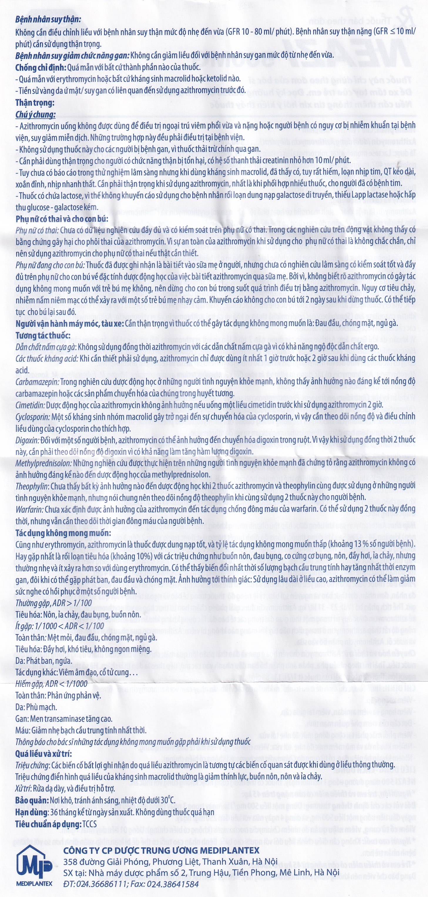 Viên nén Neazi 500mg Mediplantex điều trị viêm xoang cấp, viêm họng, amidan (1 vỉ x 3 viên)