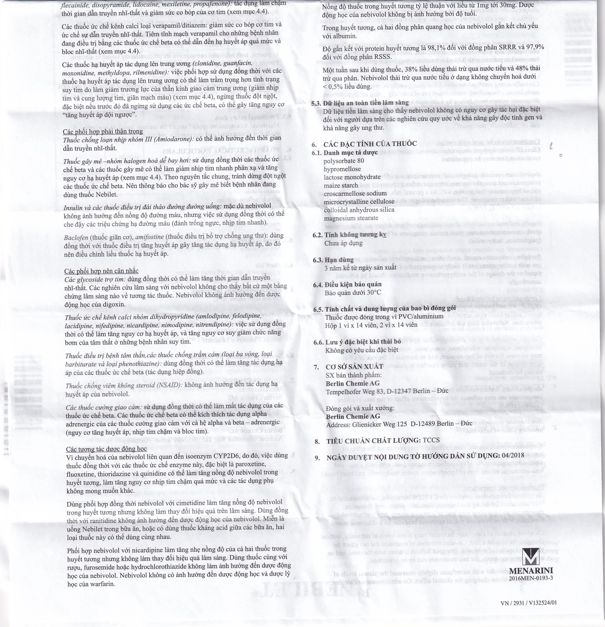 Viên nén Nebilet 5mg Menarini điều trị tăng huyết áp và suy tim mạn tính (1 vỉ x 14 viên)