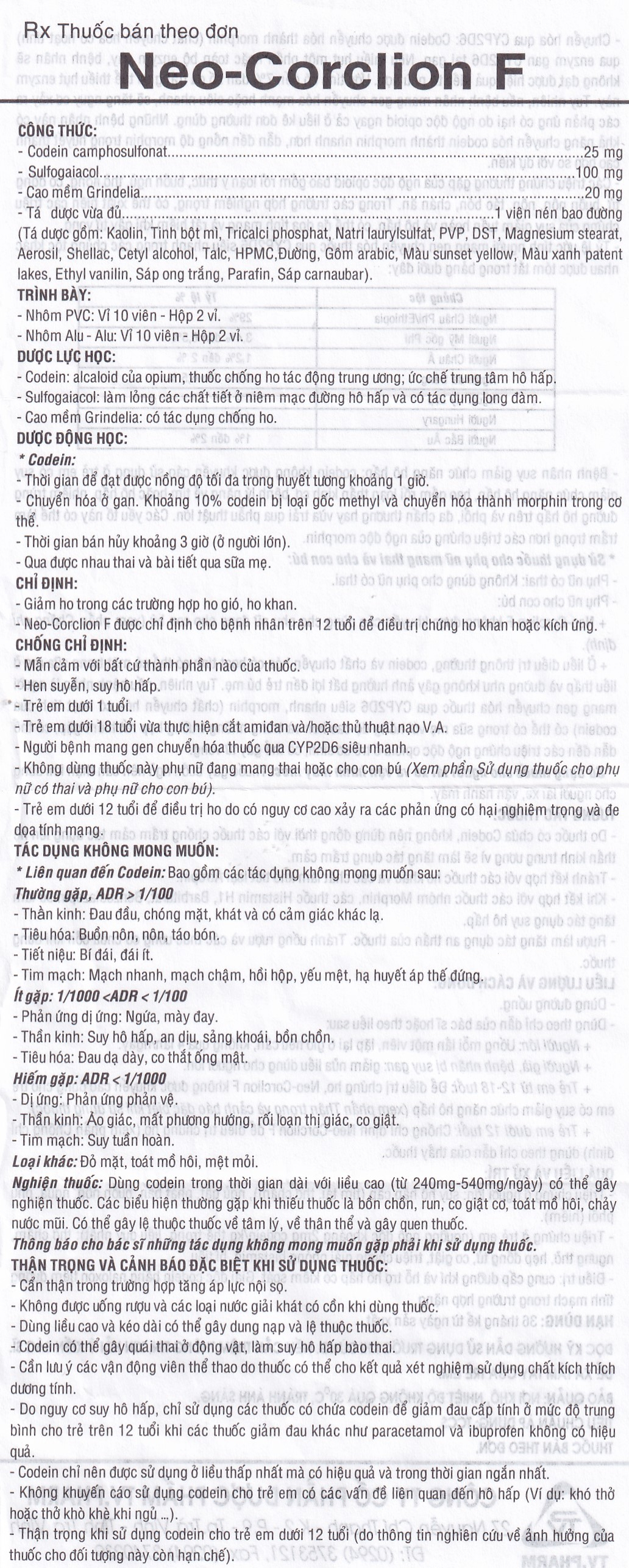 Viên nén Neo-Corclion F TV.Pharm giảm ho gió, ho khan (2 vỉ x 10 viên)