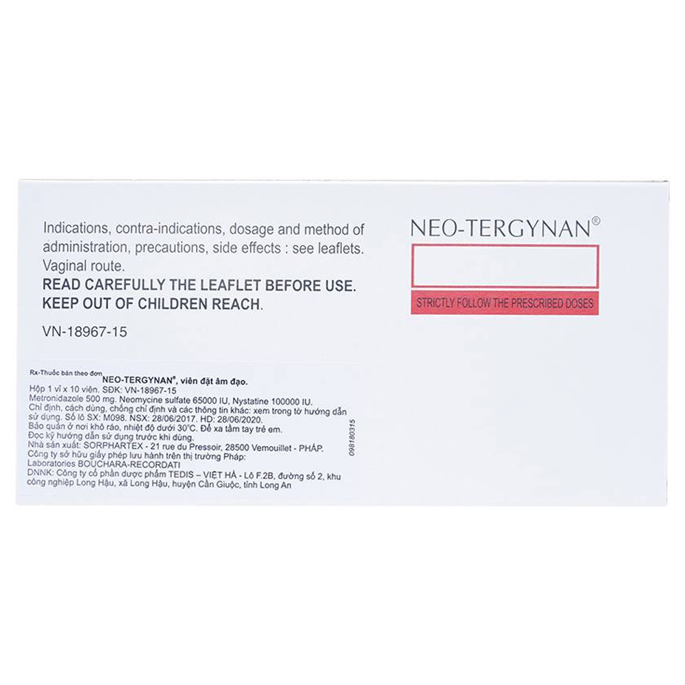 Viên đặt âm đạo Neo-Tergynan Bouchara điều trị viêm âm đạo (1 vỉ x 10 viên)